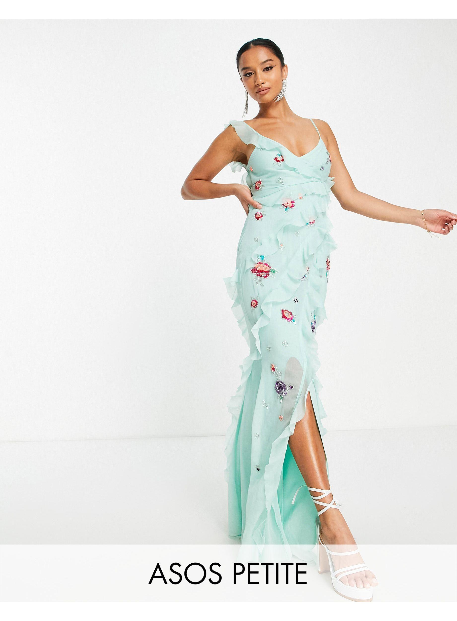 ASOS Asos Design Petite Bias Cut Maxi Dress With Ruffle Detail And Floral  Embellishment in Green | Lyst