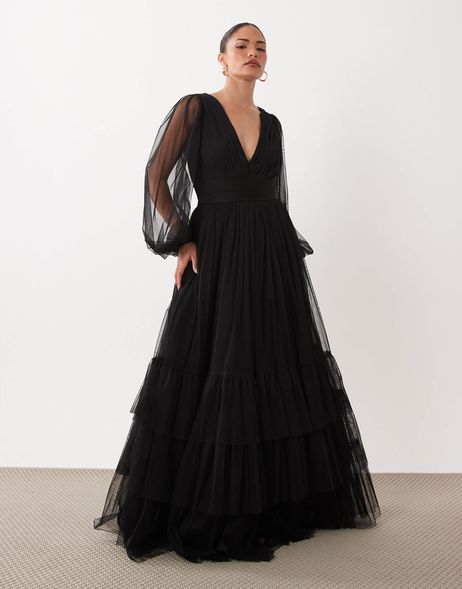 lace and beads tulle dress Lace & Beads off the shoulder tulle maxi dress in blue
