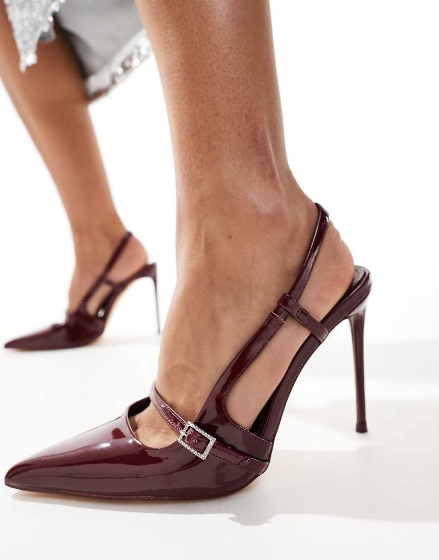 Zapatos Rojo Cereza Destalonados De Tacón Con Puntera Fina De