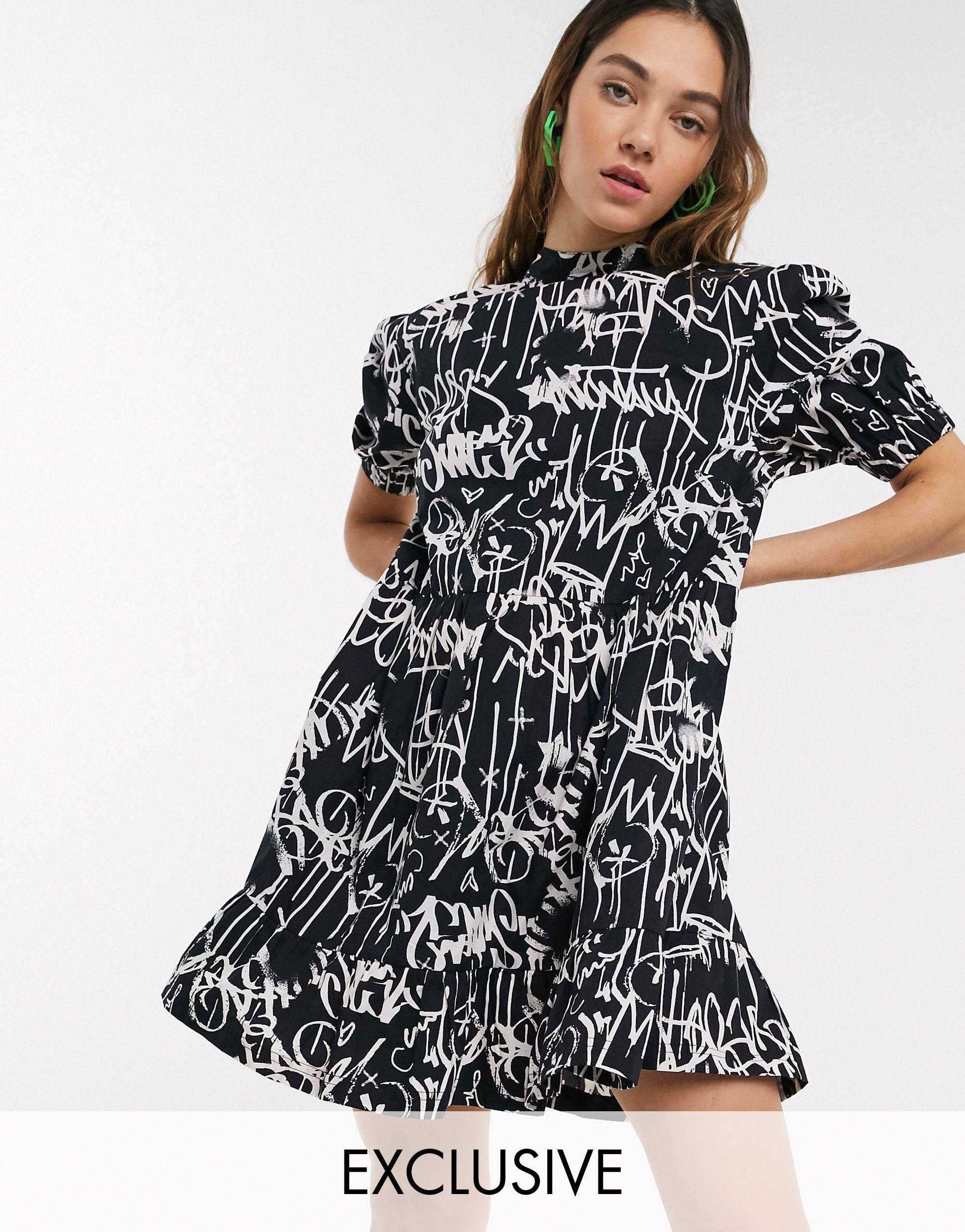 Collusion Graffiti Print High Neck Smock Dress-multi in Black | Lyst UK