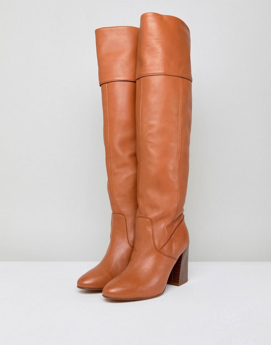 asos design claudia knee high boots in tan