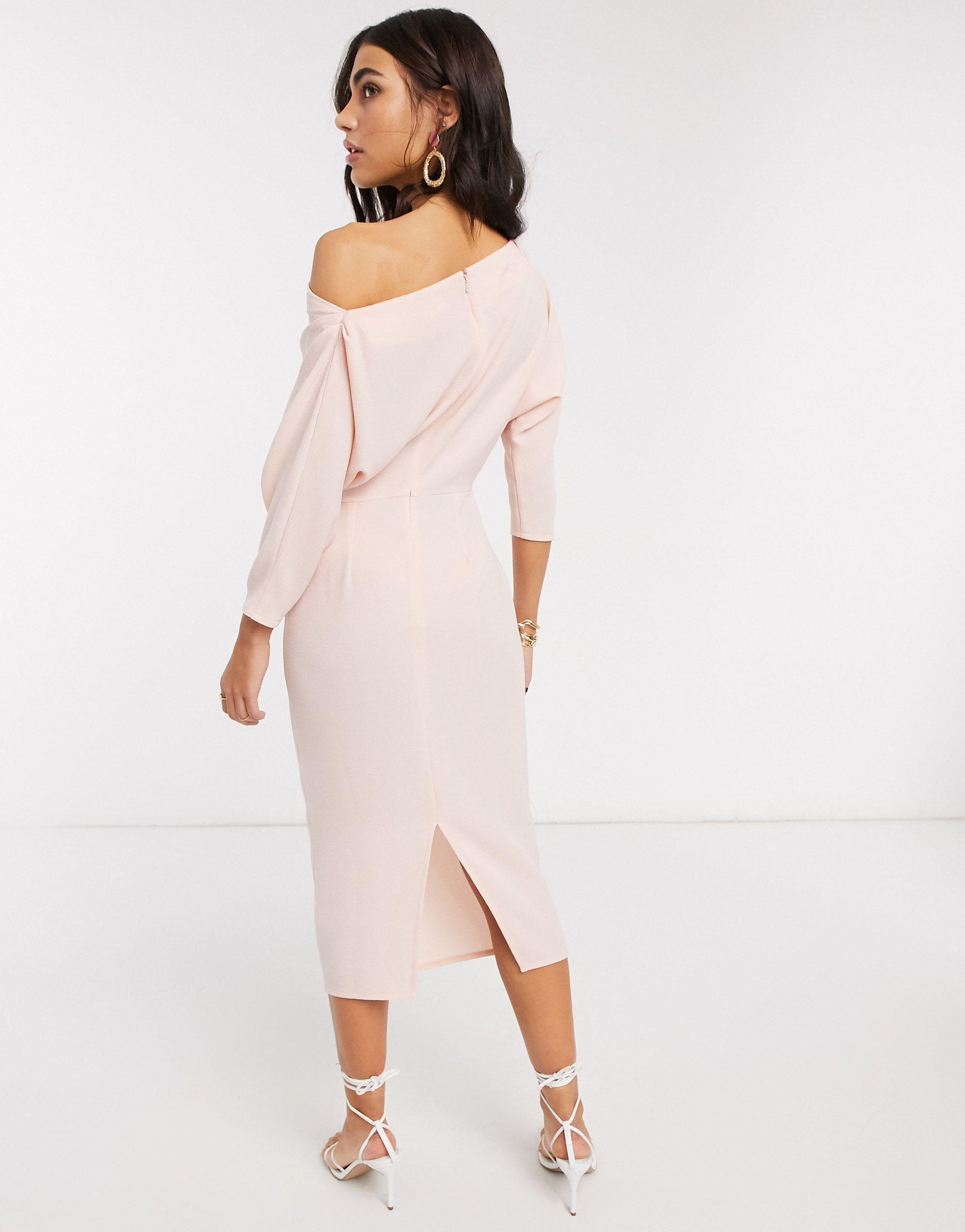 ASOS Synthetic Fallen Shoulder Midi Pencil Dress in Pink - Lyst
