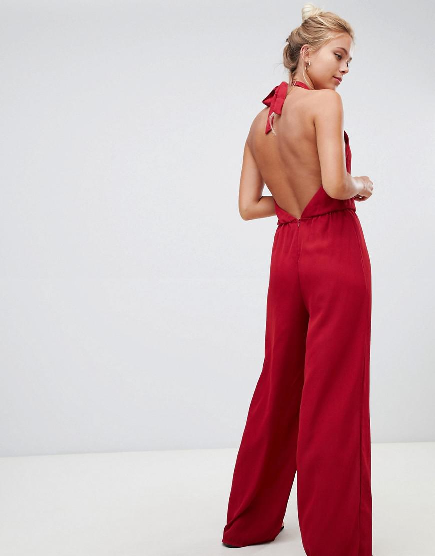 red halter neck jumpsuit