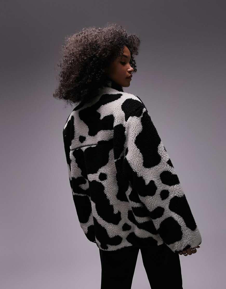 TOPSHOP Cow Print Zip Up Borg Fleece Jacket in Black Lyst UK