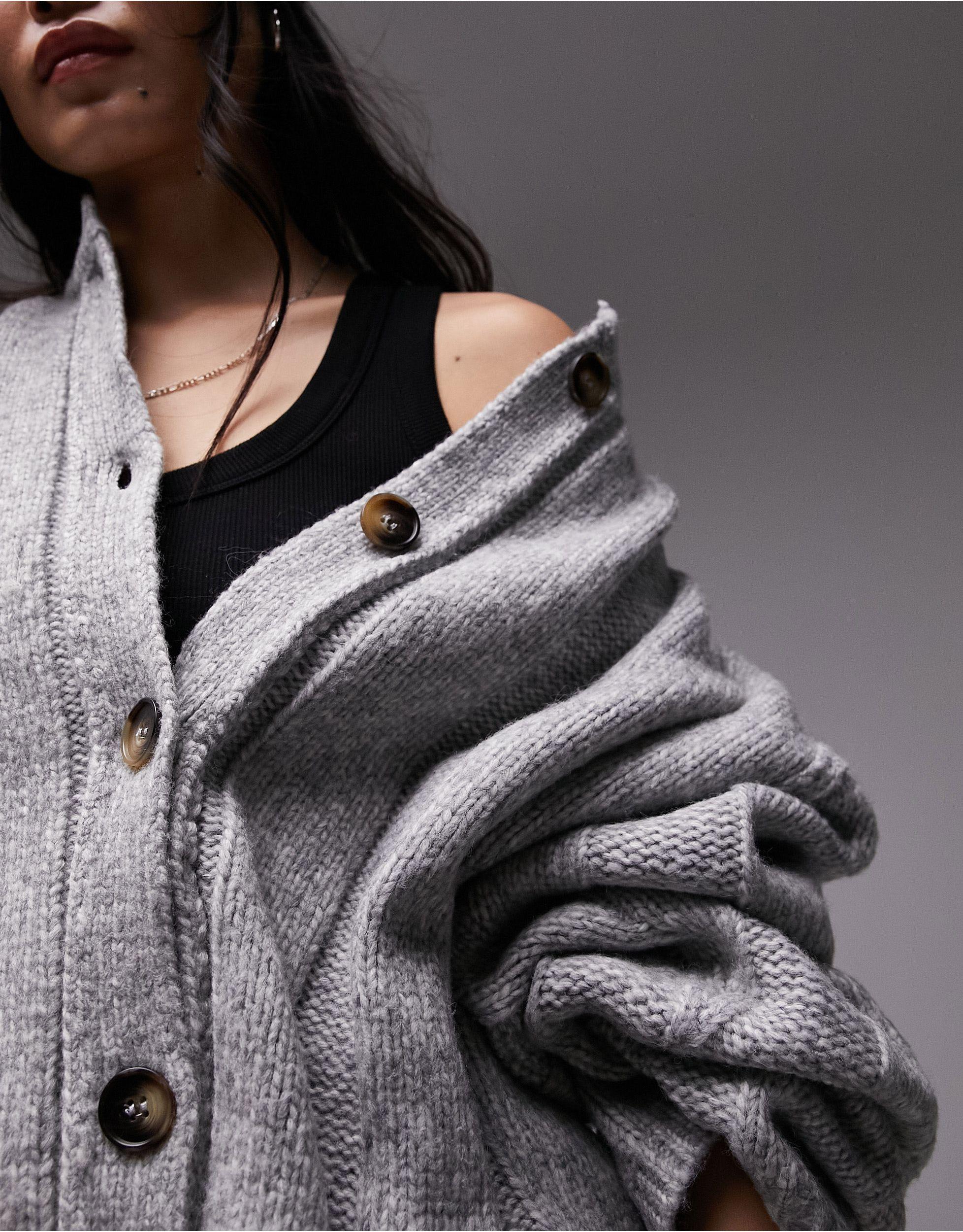 TOPSHOP Premium Knit Wide Rib Crew Neck Cardigan in Gray | Lyst