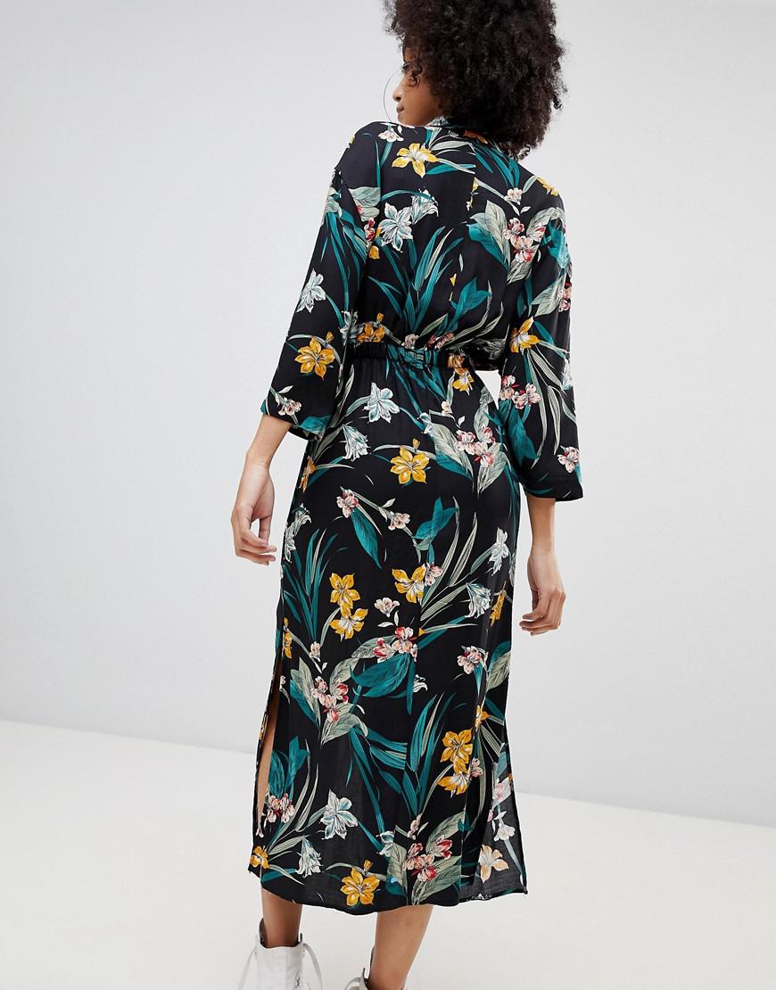 Robe longue fleurs boutonne sur le devant en Jean Bershka ...