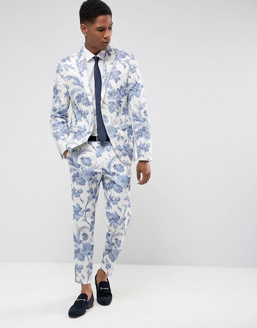 ASOS Wedding Skinny Suit Pants In Blue And White Cotton Floral Print for  Men | Lyst