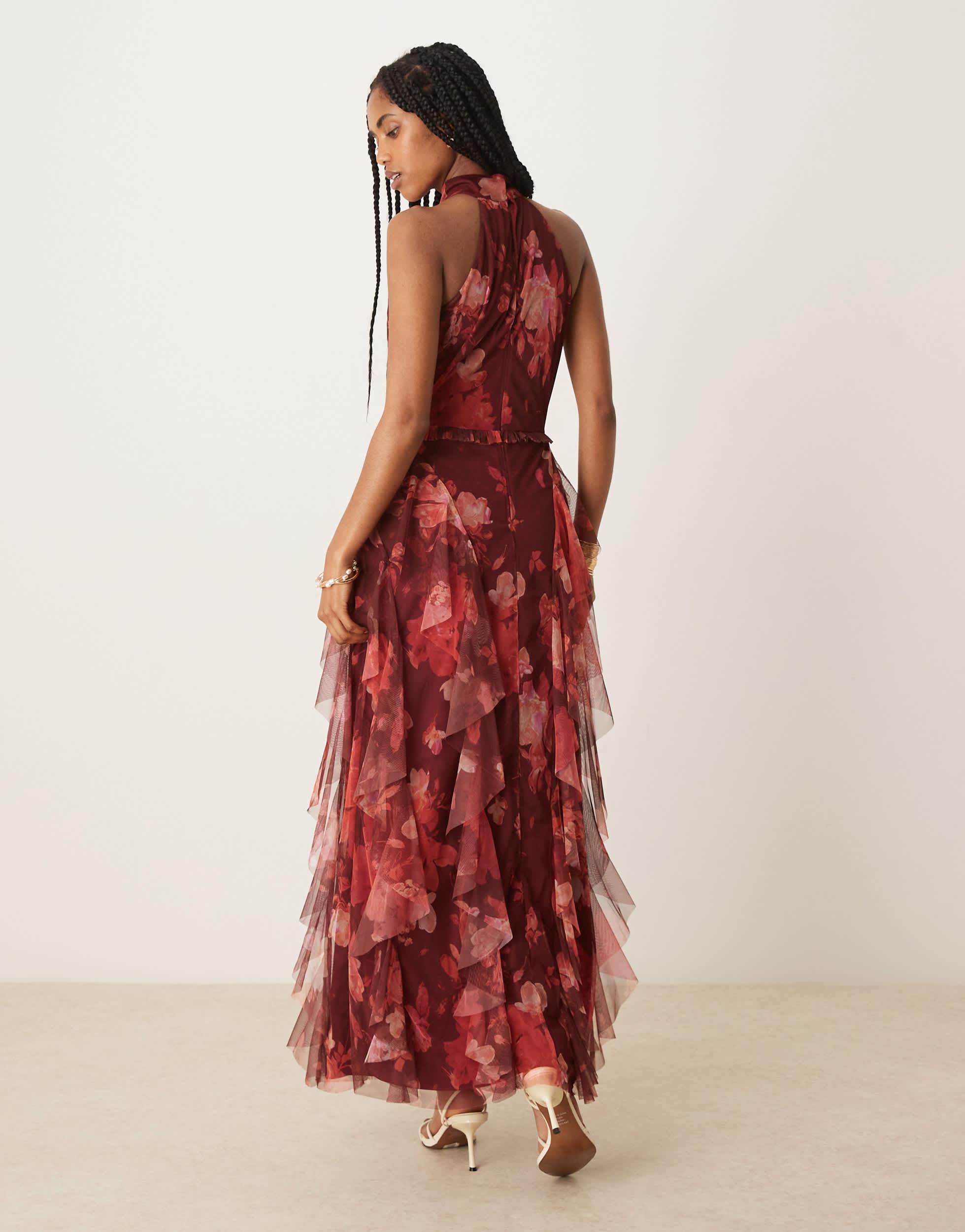 LACE & BEADS Halterneck Ruffle Midaxi Dress in Red | Lyst