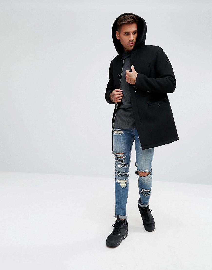 Armani Jeans Wool Hooded Coat Black for Men - Lyst