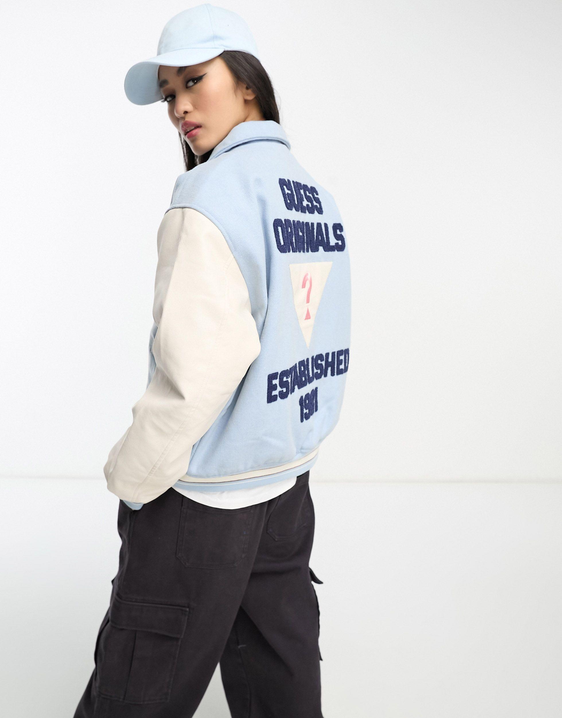 Guess Contrast Sleeve Varsity Jacket in White | Lyst