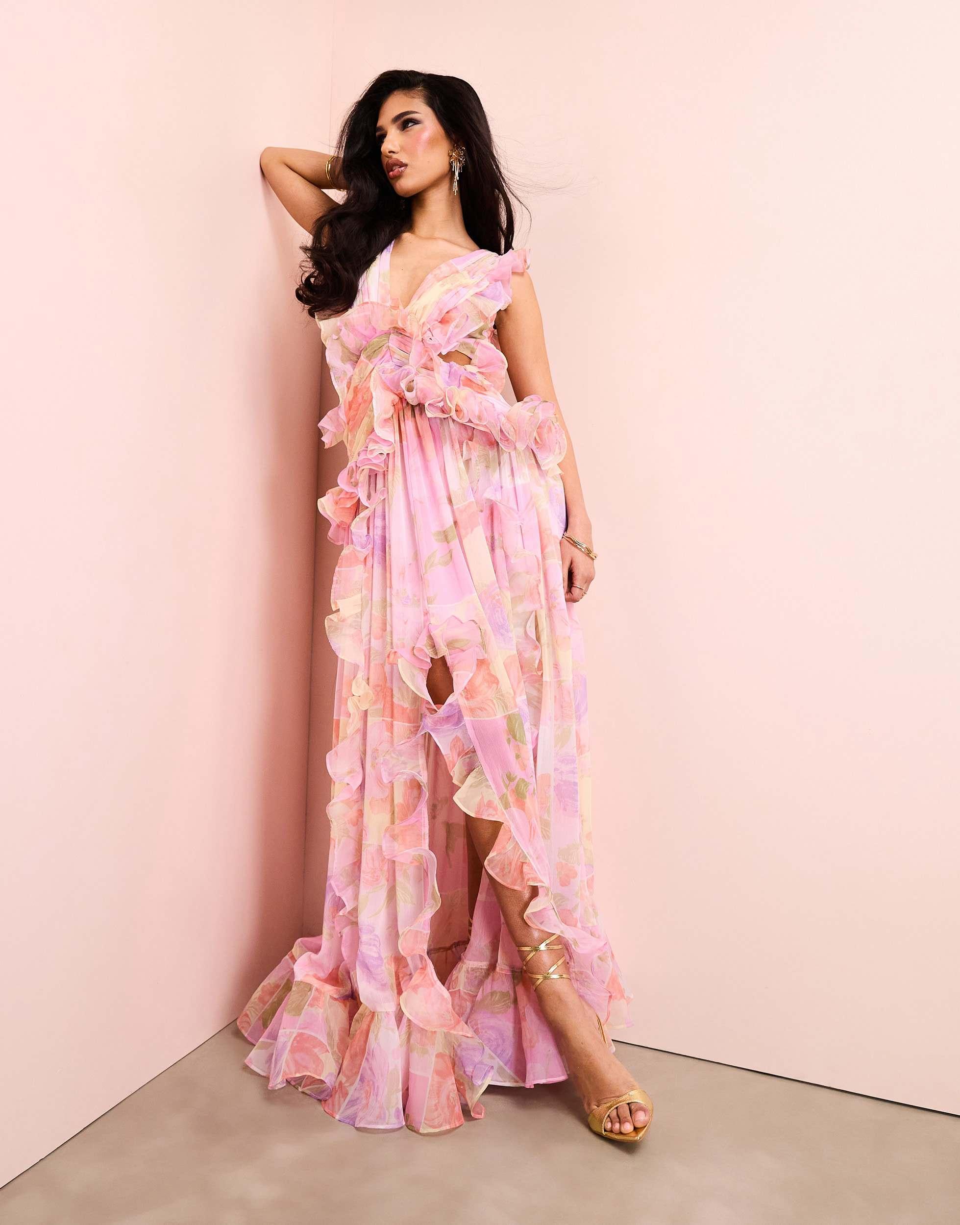 ASOS Plunge Maxi Dress With Ruched Chiffon Detail & Open Back in Pink | Lyst ASOS Plunge Maxi Dress With Ruched Chiffon Detail & Open Back in Pink | Lyst