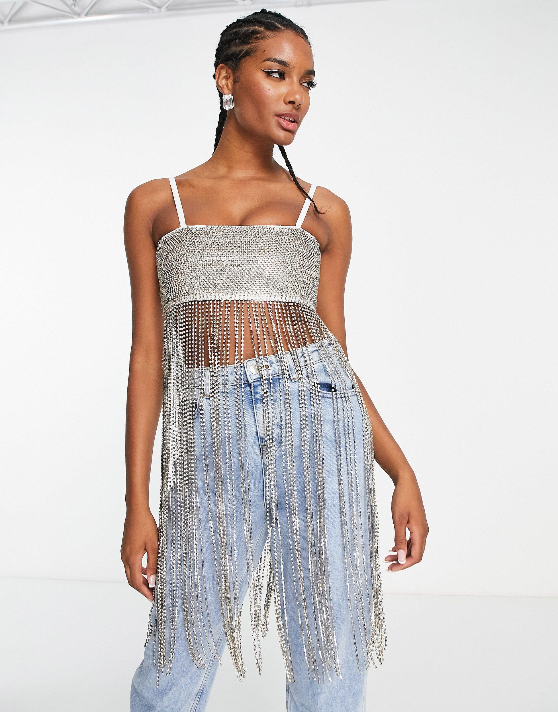 ASOS Embellished Cami Dress With Diamante Fringe in White | Lyst