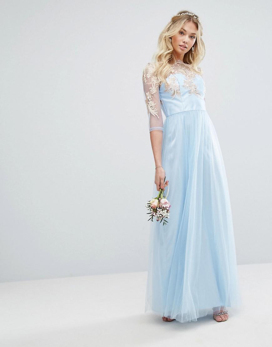 Chi Chi London Metallic Premium Lace Maxi Dress With Tulle Skirt in Blue |  Lyst UK