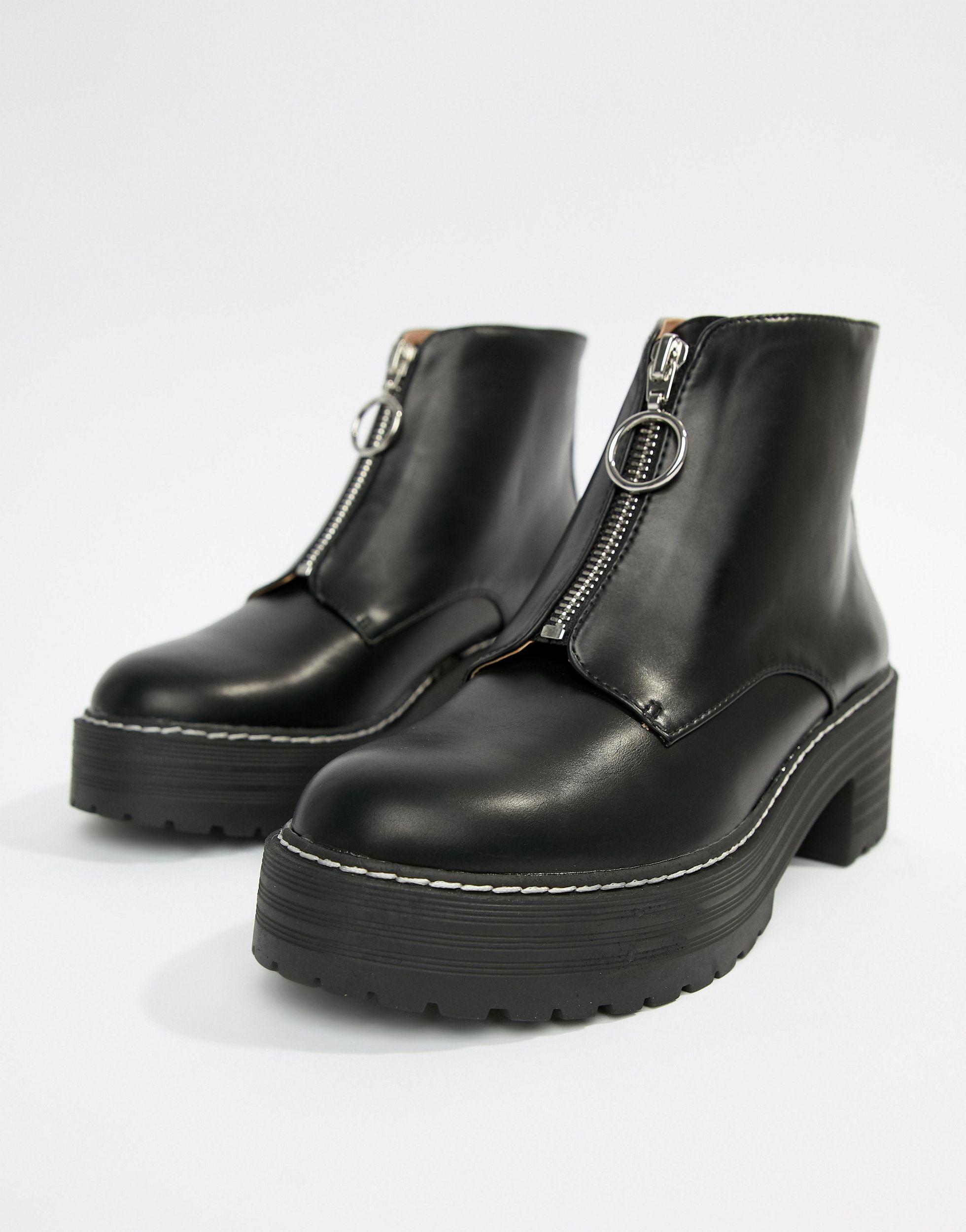 Pull&Bear Zip Front Chunky Sole Boot in Black | Lyst