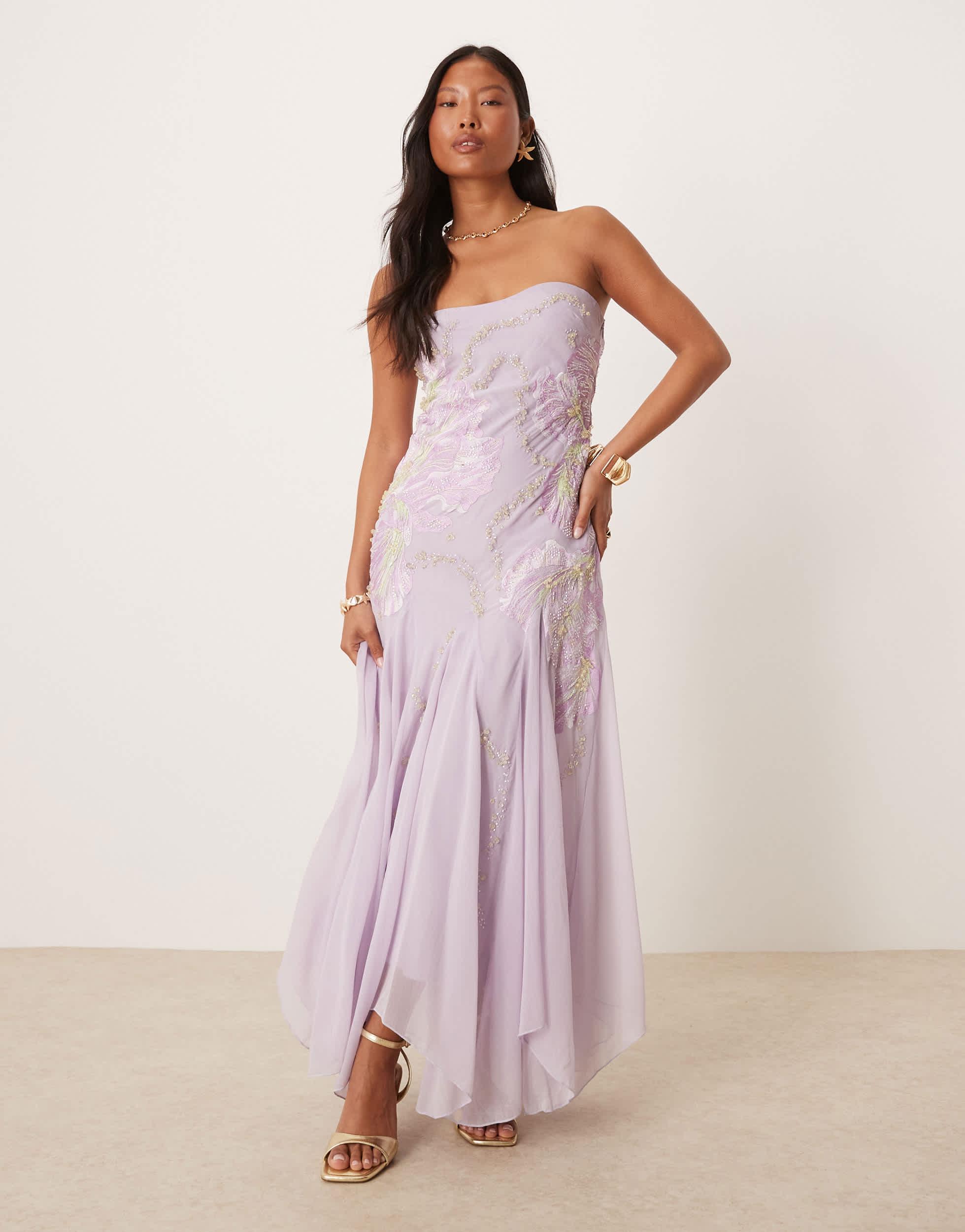 ASOS Asos Design Petite Bandeau Floral Embellished Maxi Dress in Pink | Lyst