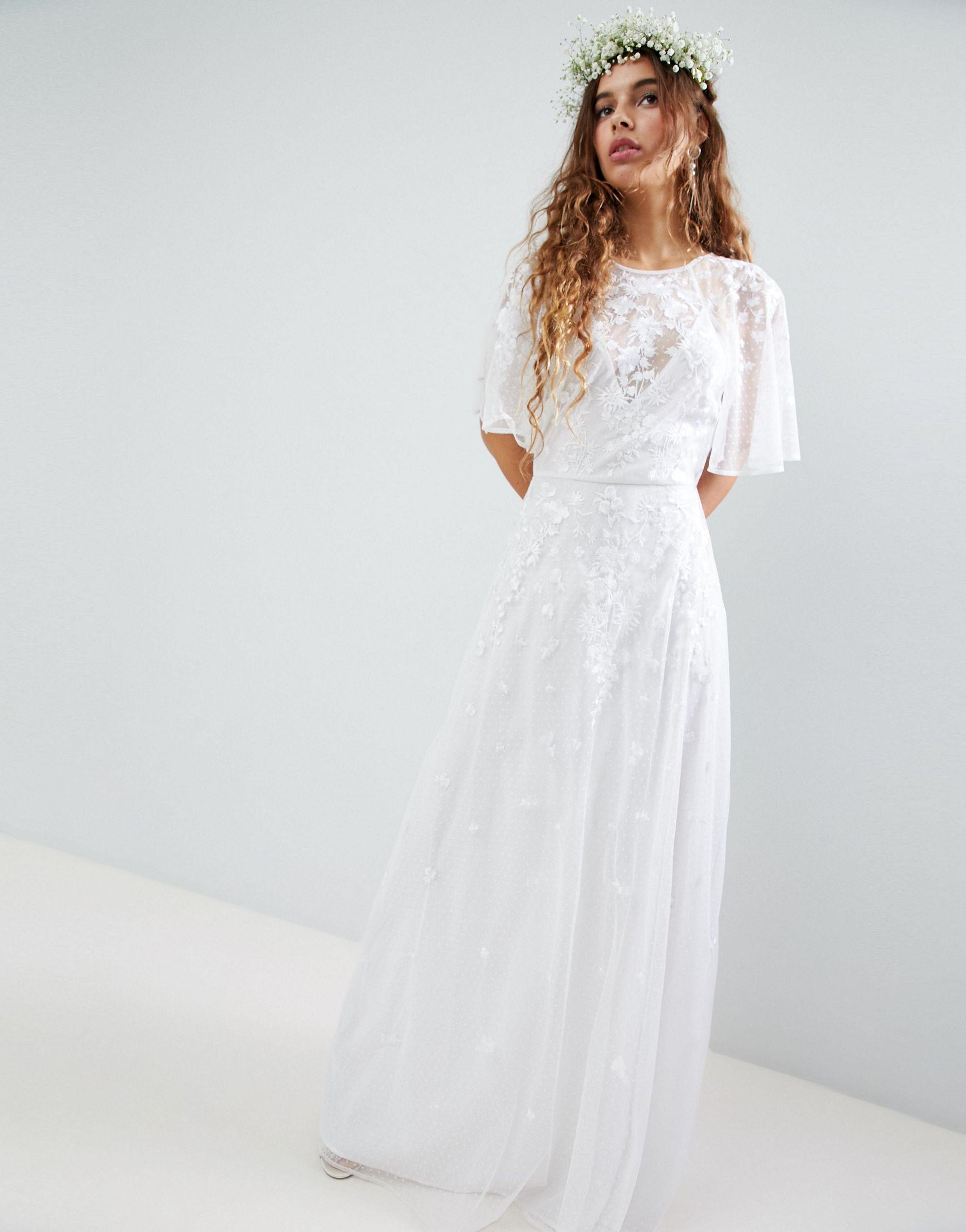 floral embroidered dobby mesh flutter sleeve maxi dress