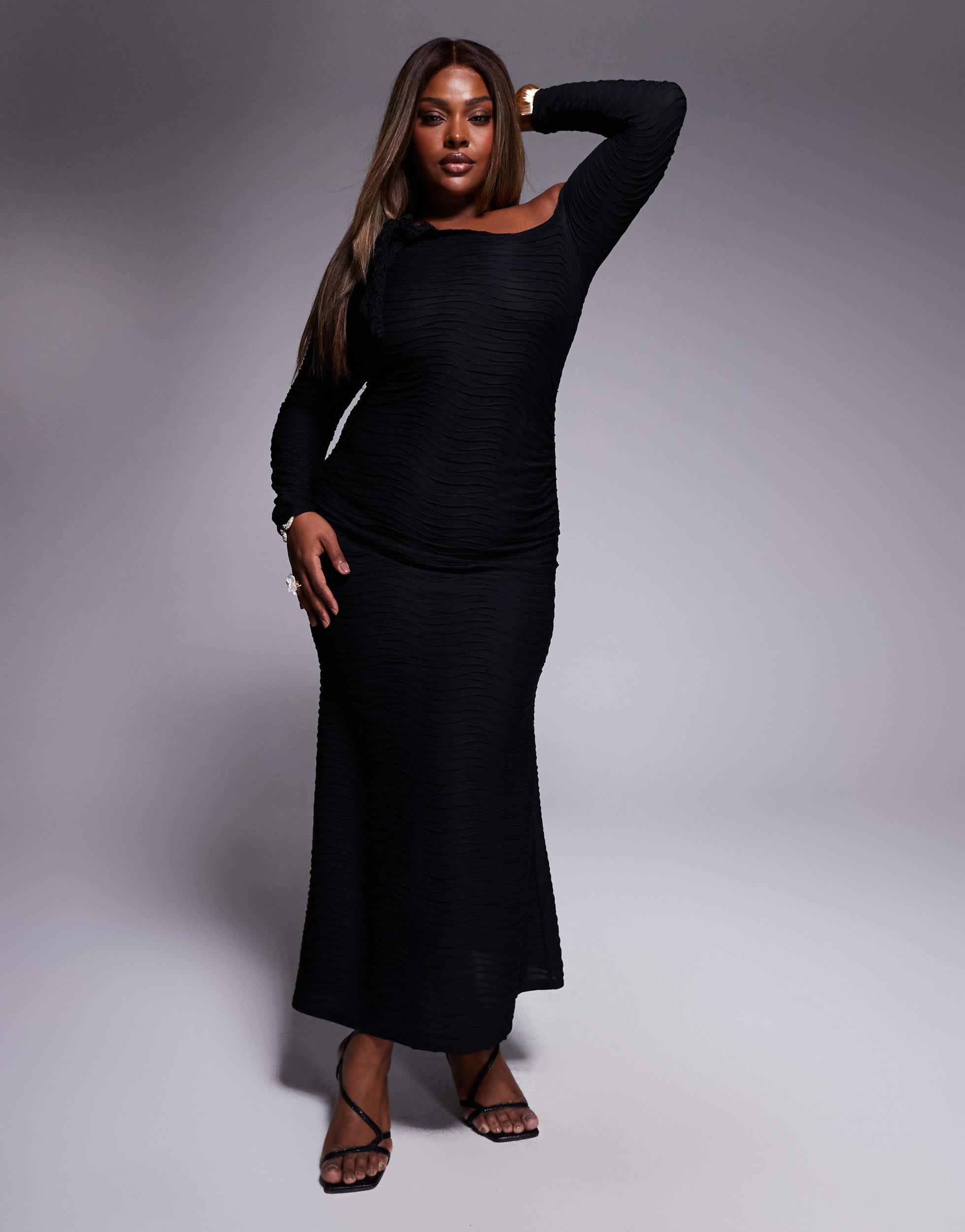 asos curve black dress ASOS DESIGN Curve pleated bodice plunge neck midi dress in black