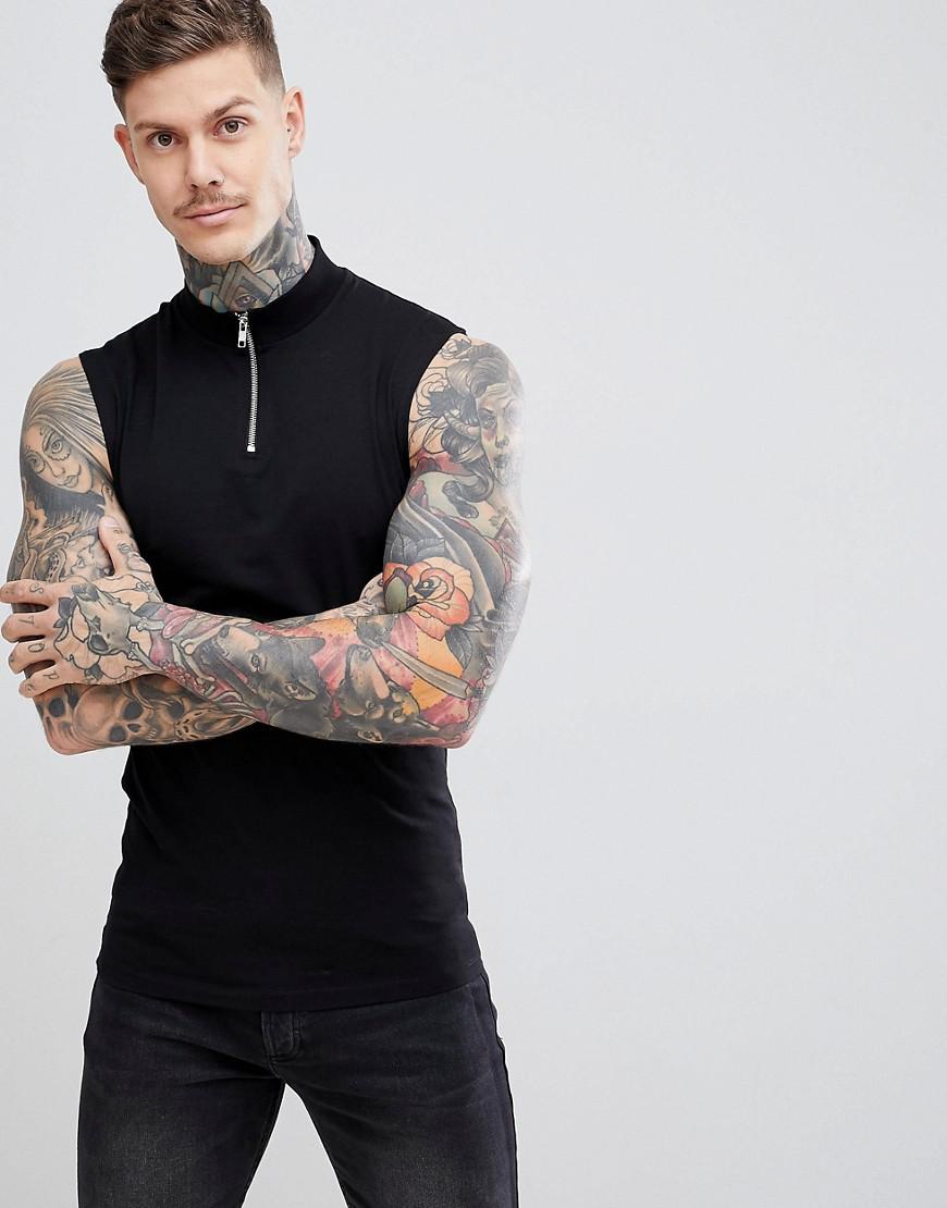 ASOS Muscle Fit Sleeveless T-shirt With Zip Turtleneck In Black for Men |  Lyst