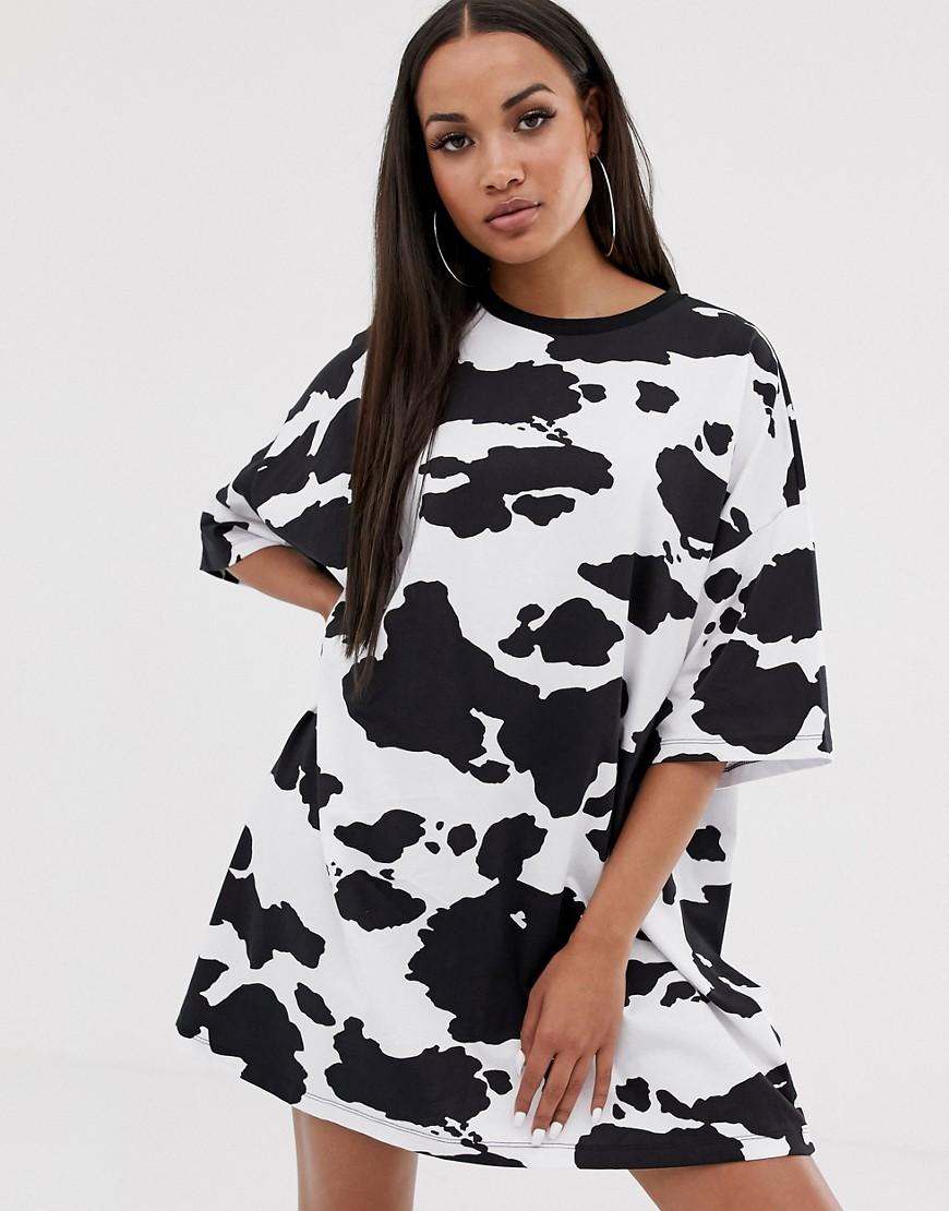 ASOS Cow Print Oversized T-shirt Dress in Black | Lyst