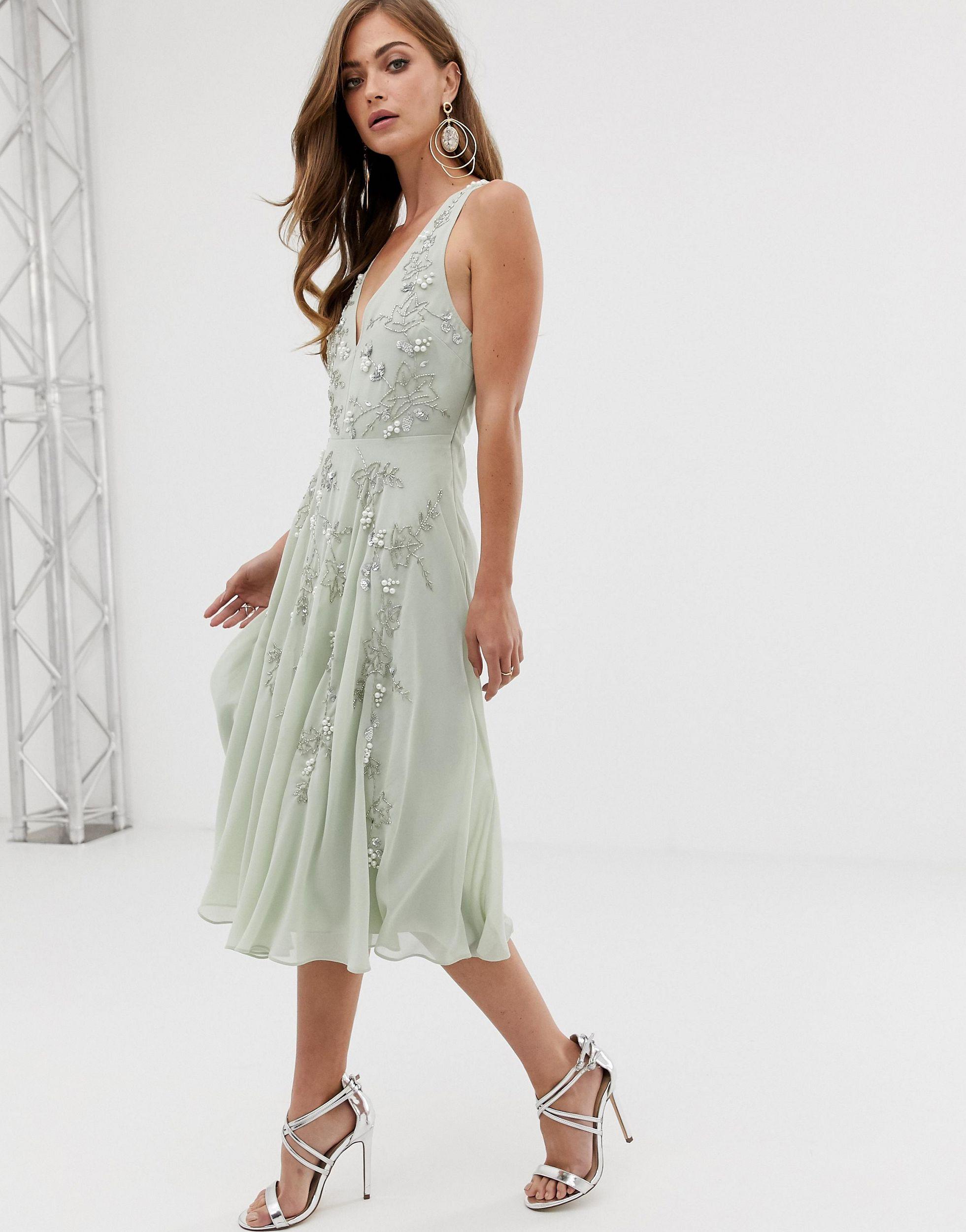 ASOS Twist Strap Pretty Pearl Embellished Midi Dress | Lyst
