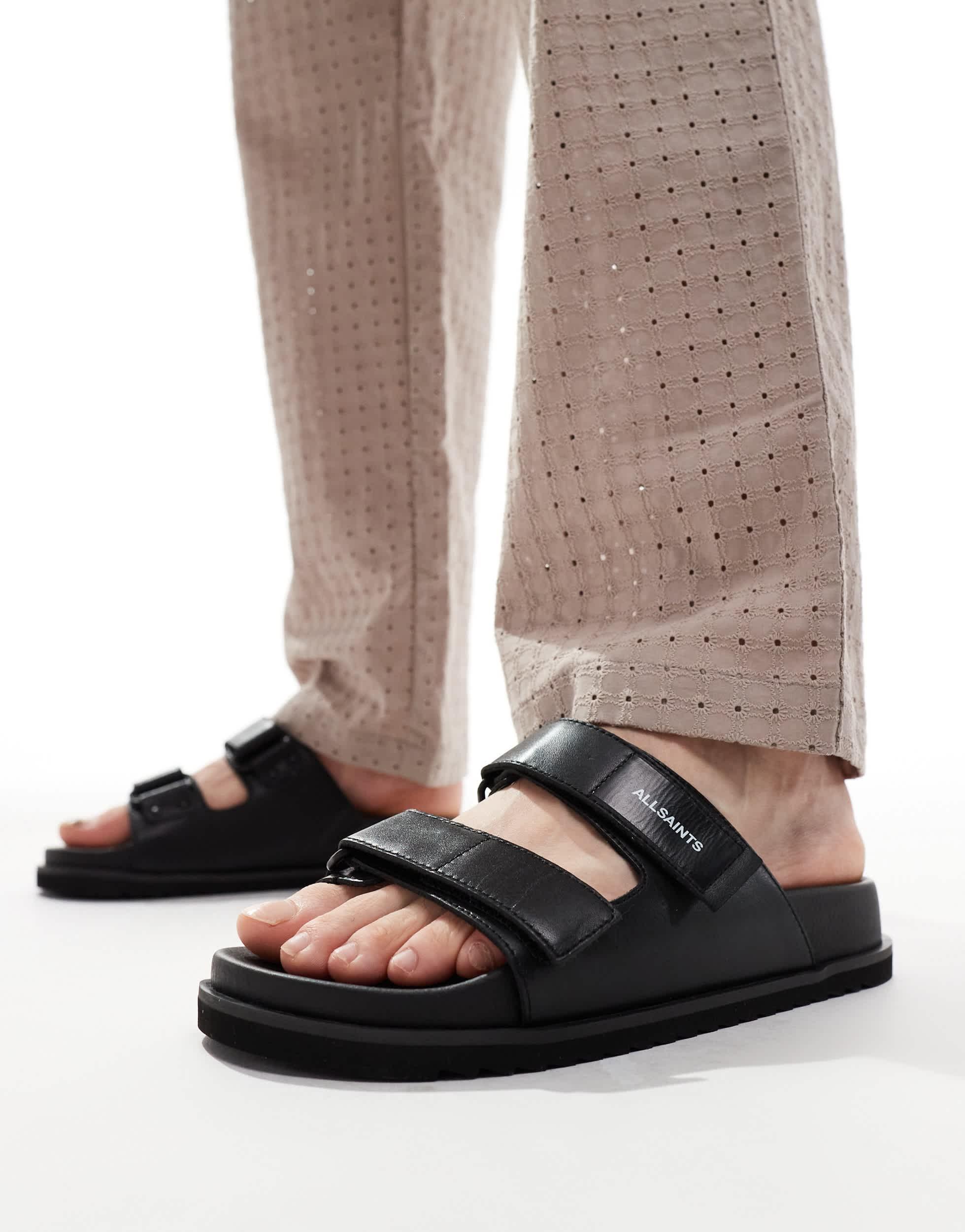 AllSaints Vex Leather Sandals in Black for Men | Lyst Australia