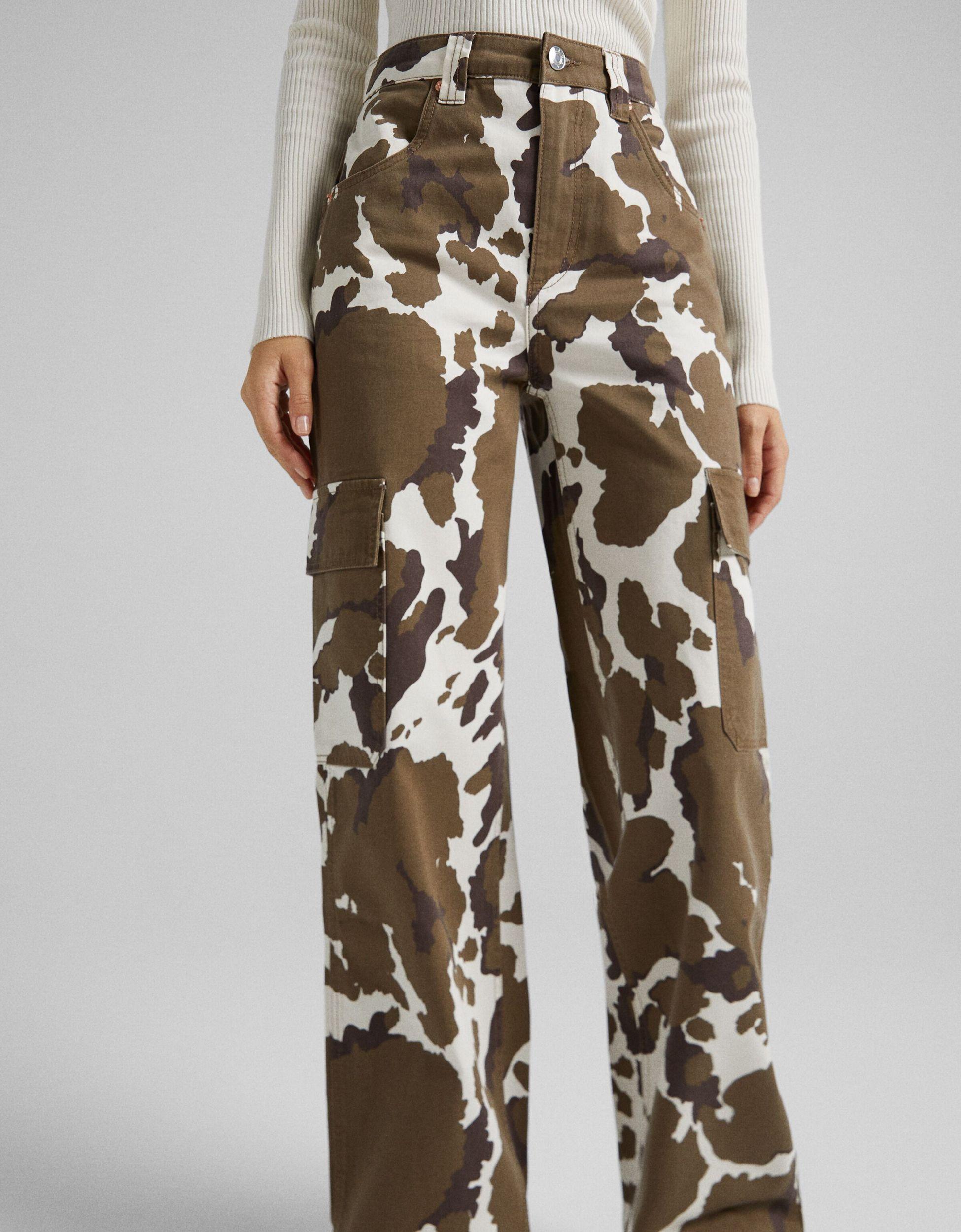 Bershka Cotton Cow Print Cargo Trousers in Brown | Lyst