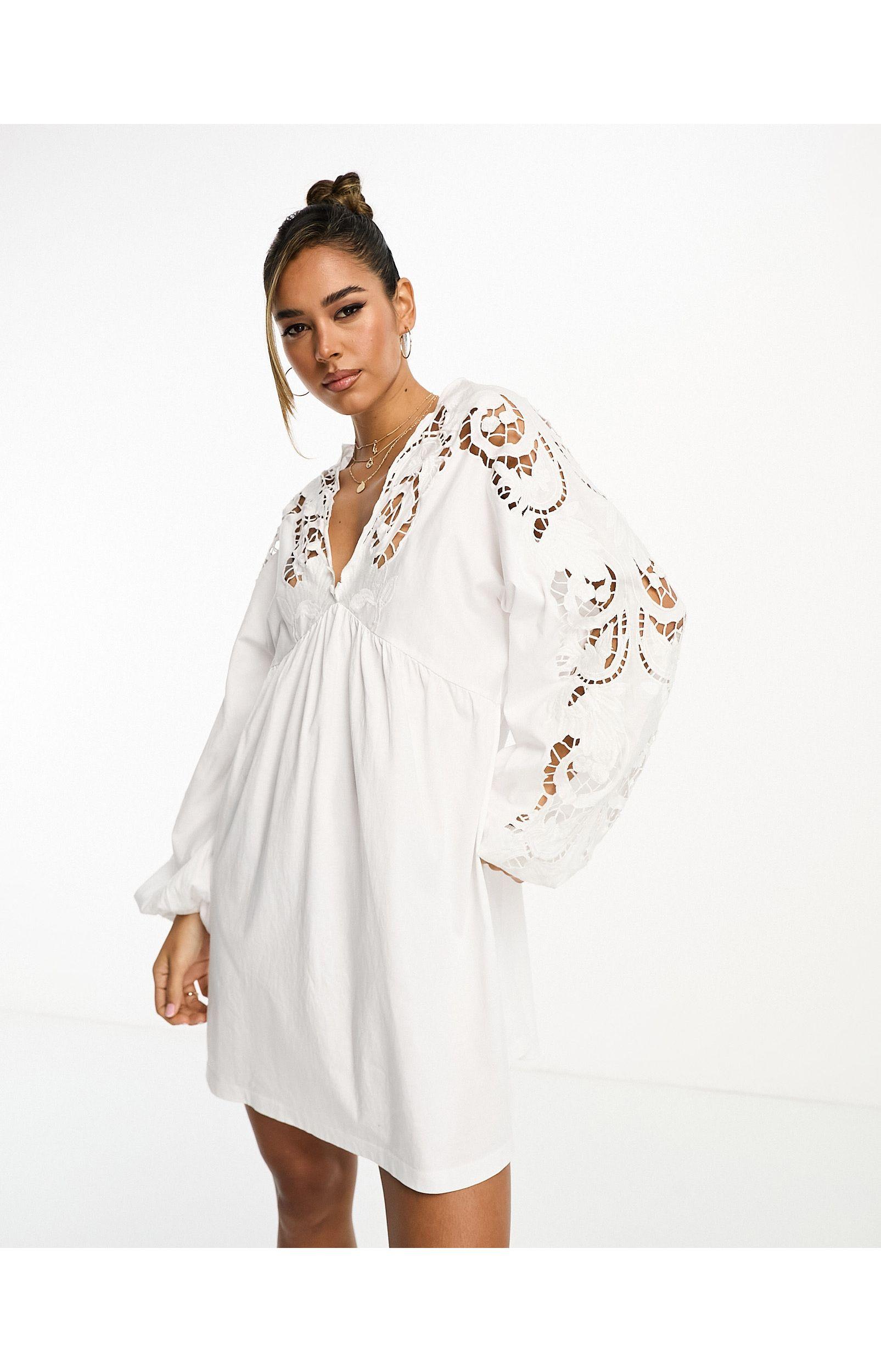 ASOS Long Sleeve Mini Smock Dress With Cut Out Embroidery in White | Lyst