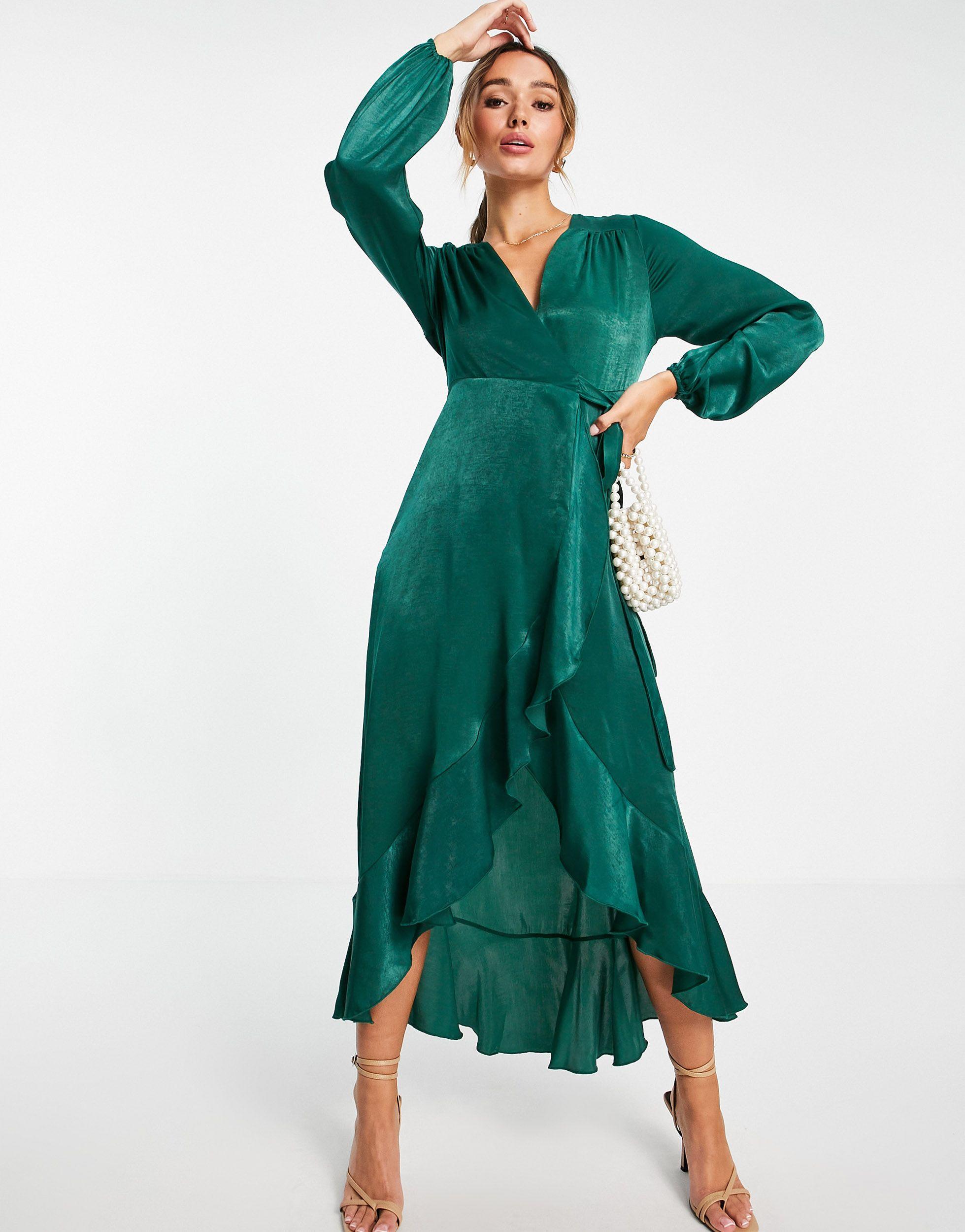 Long Sleeve Satin Wrap Maxi Dress 