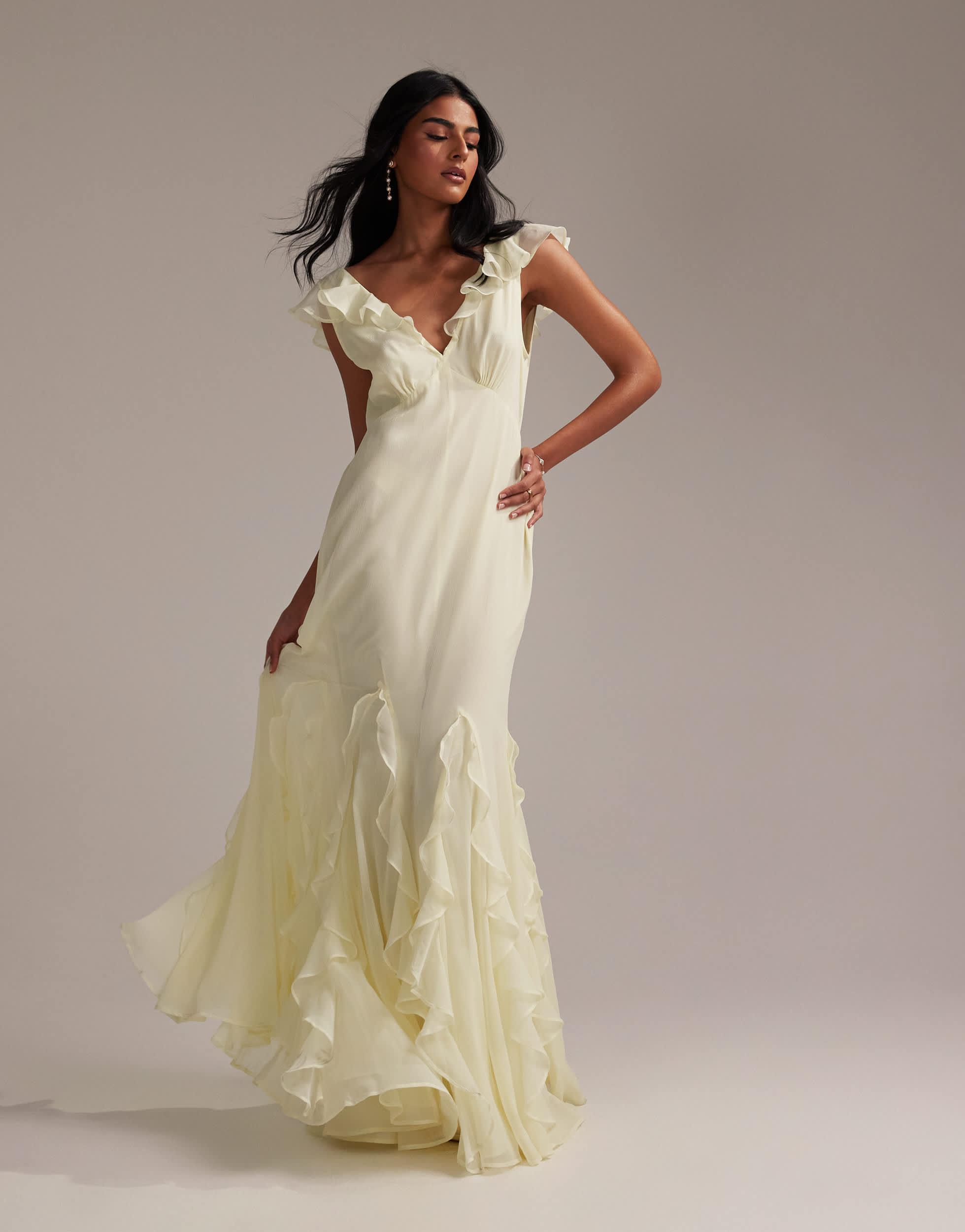 ASOS Bridesmaids Flutter Sleeve Bias Maxi Dress With Godet Frill Hem in  Natural | Lyst