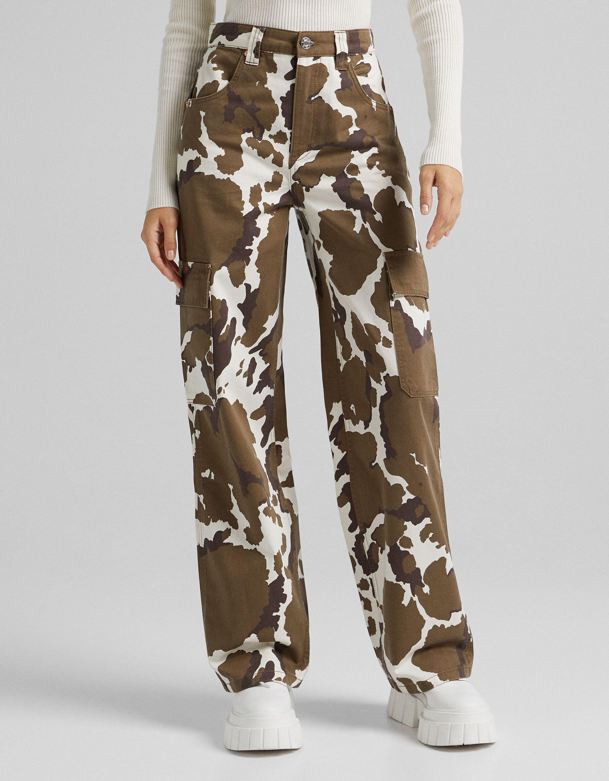 Bershka Cow Print Cargo Trousers in Brown | Lyst