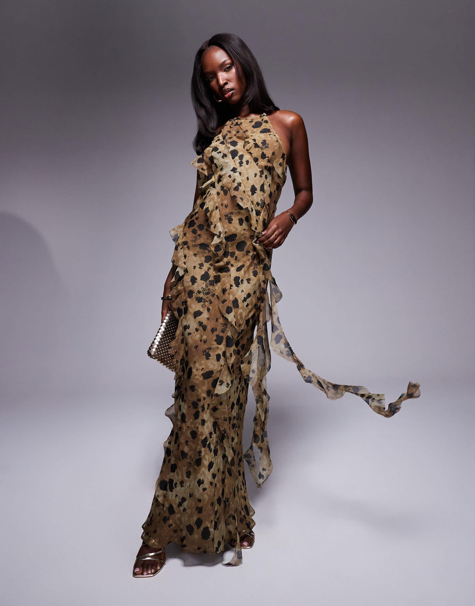 Robe longue et asymétrique à imprimé léopard et volants ASOS Lyst