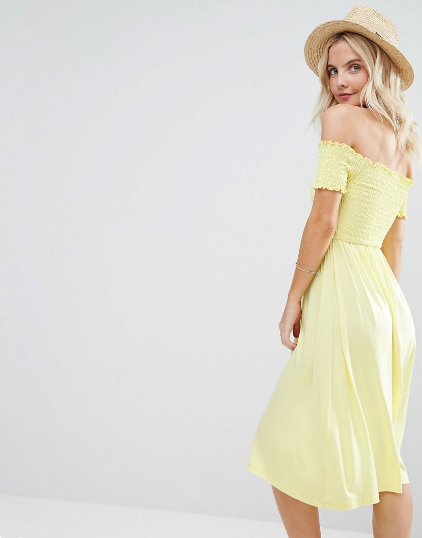 ASOS Synthetic Midi Off Shoulder Sundress With Shirring in Yellow - Lyst