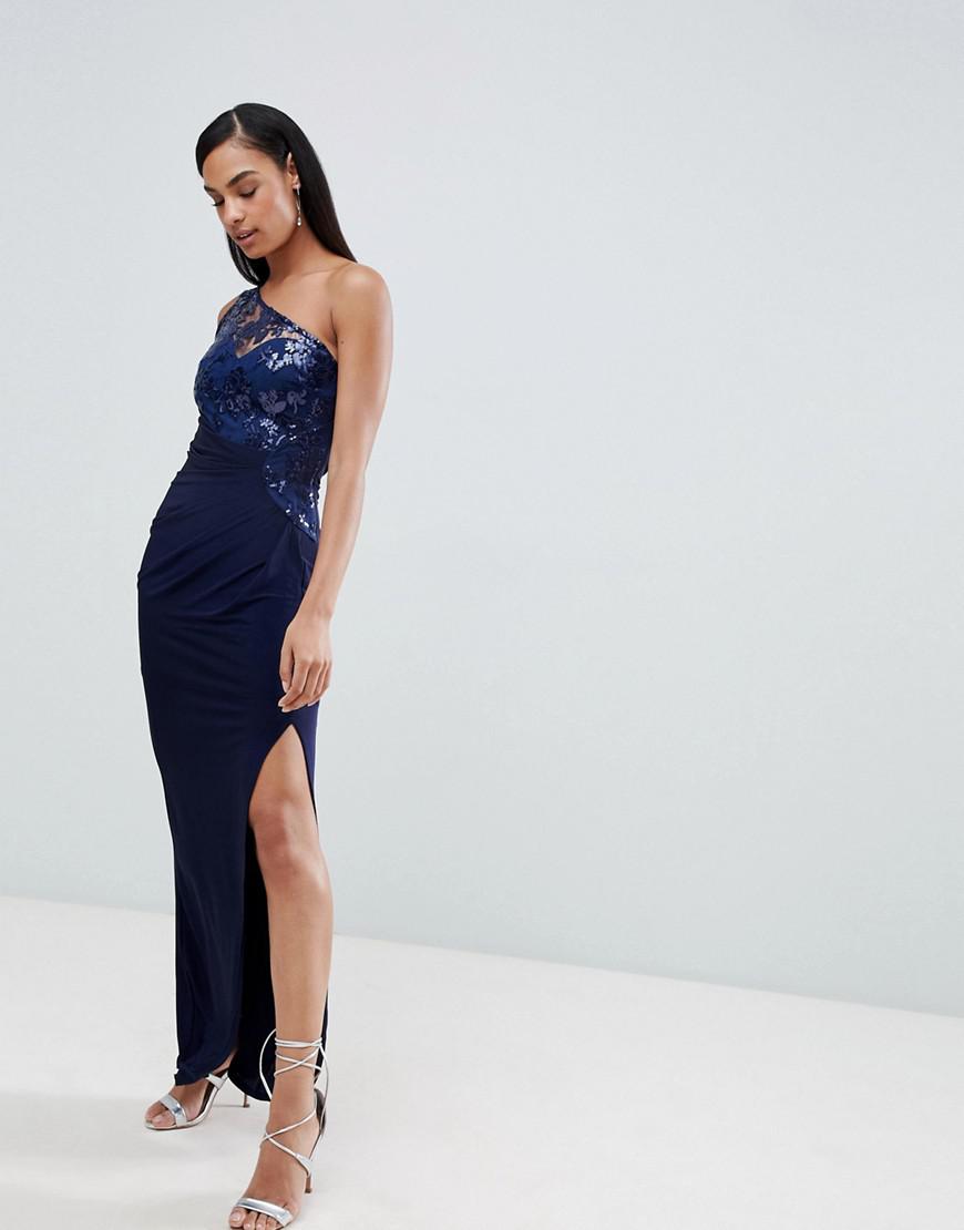 Lipsy One Shoulder Sequin Lace Maxi Dress in Navy (Blue) - Lyst