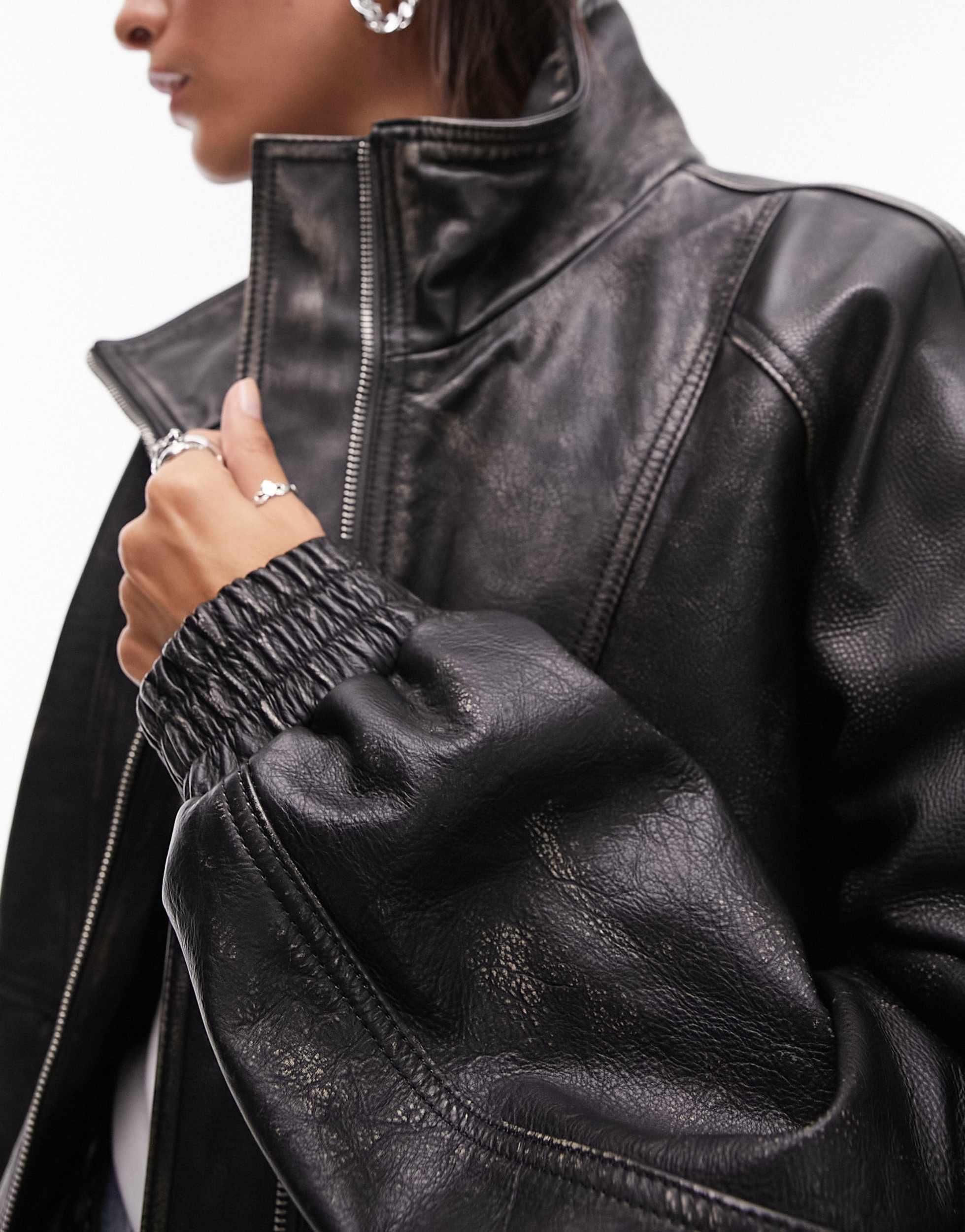 TOPSHOP Real Leather Washed 80s Seam Bomber Jacket in Black