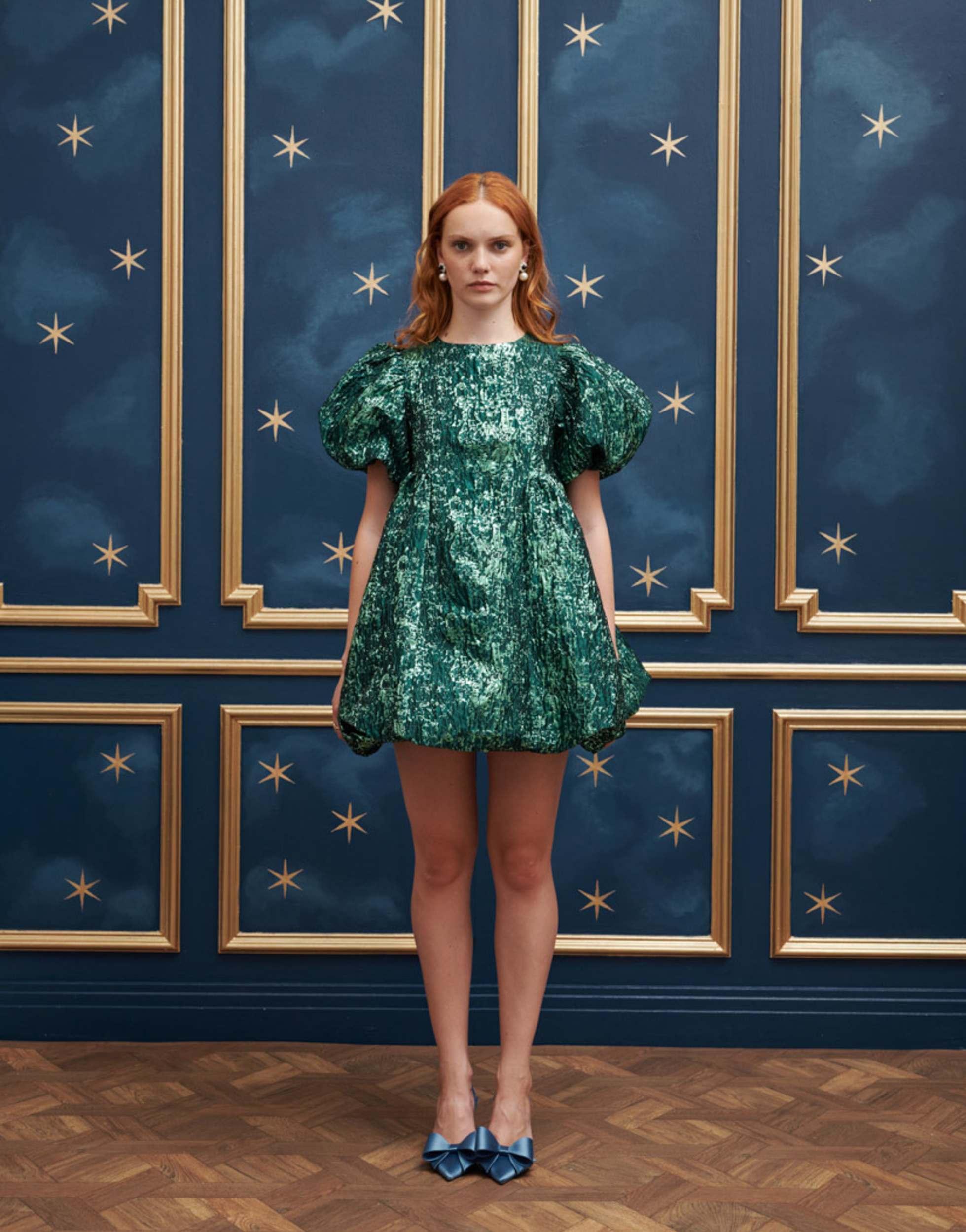 emerald green jacquard dress Tabitha C Dress in Emerald Green Ornate Embroidery – SALONI main image 1