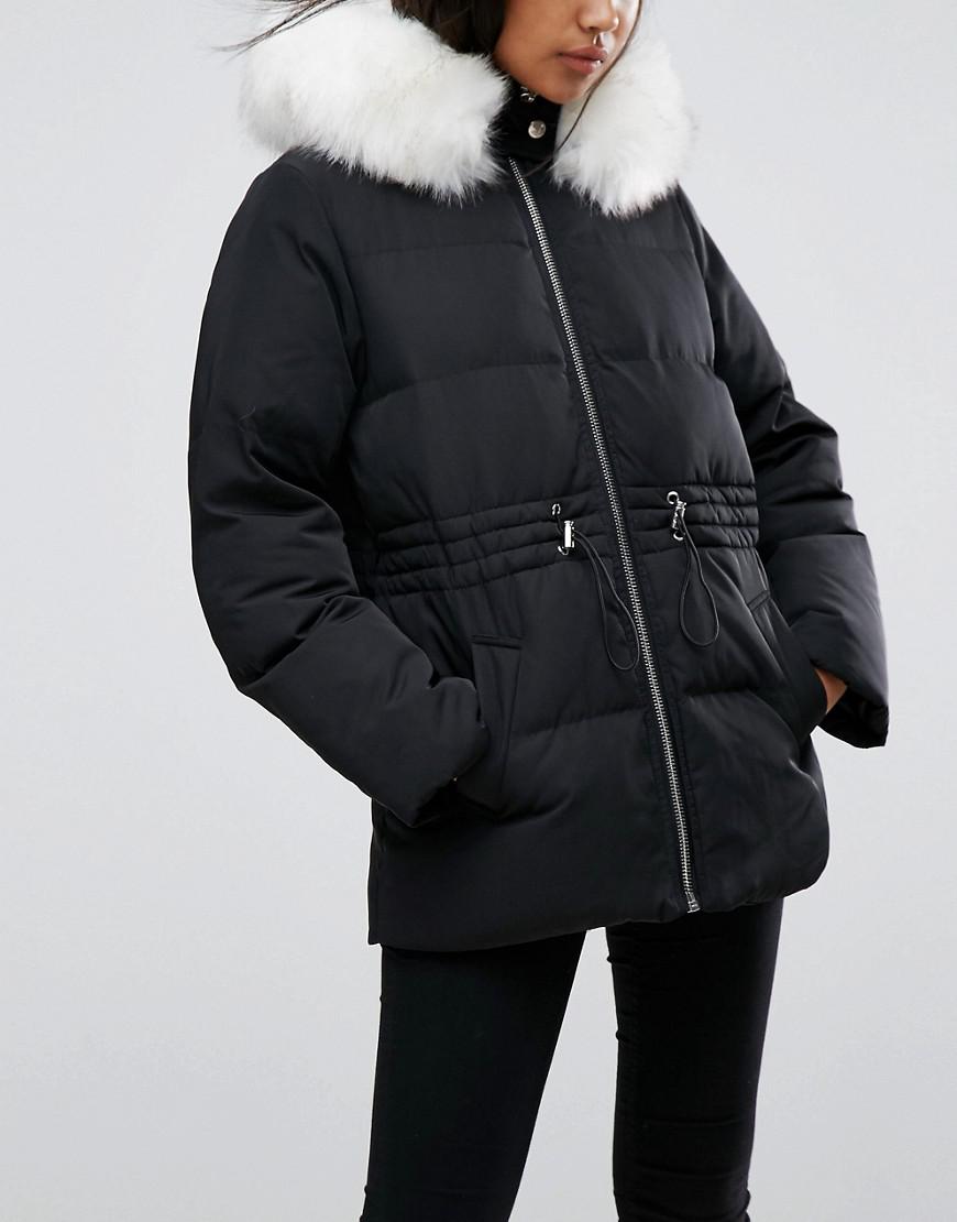 Asos Denim Puffer Jacket With Tie Waist And Faux Fur Hood In Black Lyst Asos Denim Puffer Jacket With Tie Waist, Puffer Coat With Big Faux Fur Hood