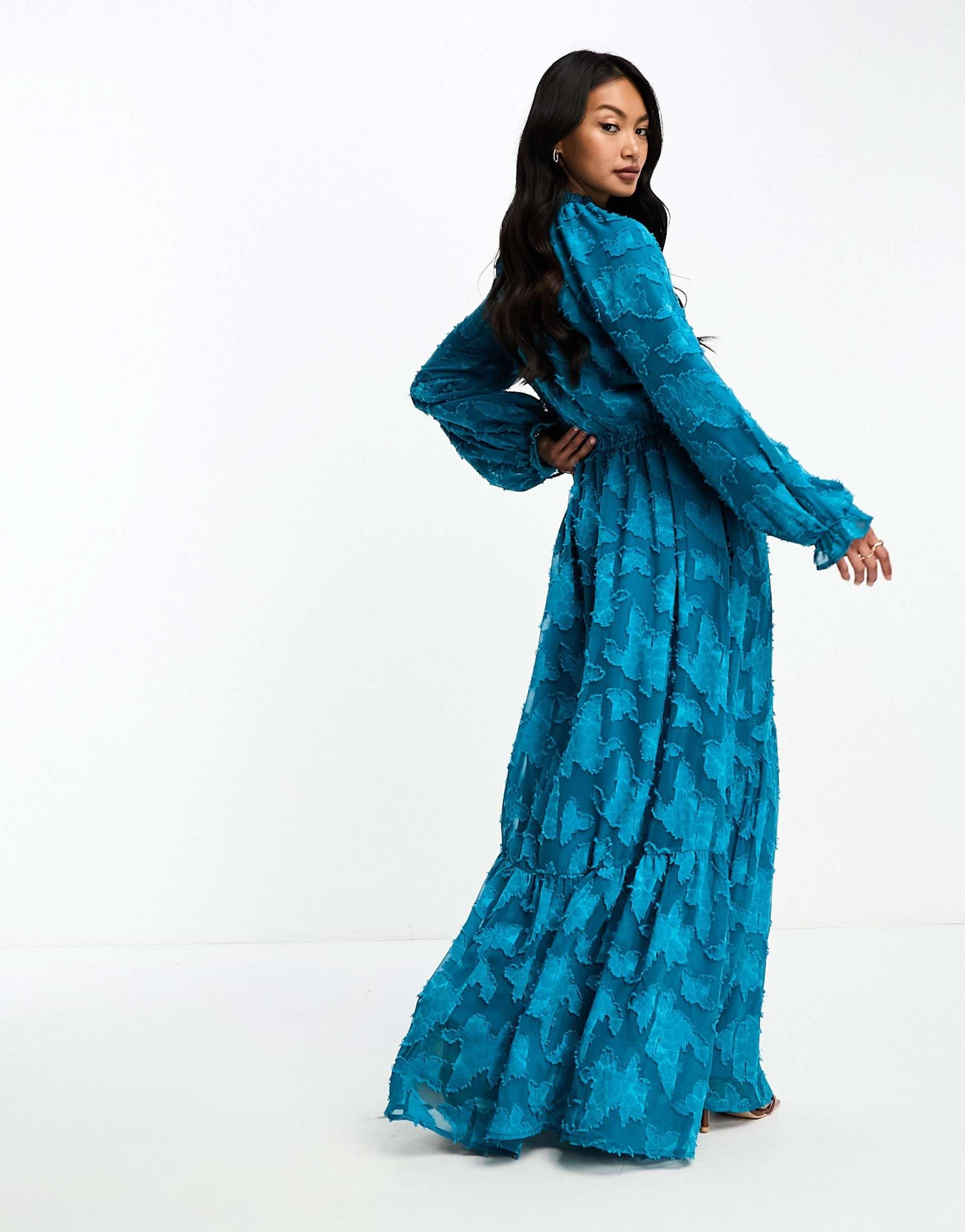 Asos Maxi Dresses Asos Full Length Dress ASOS High Neck Big Sleeve Jacquard  Maxi Dress In Blue Lyst