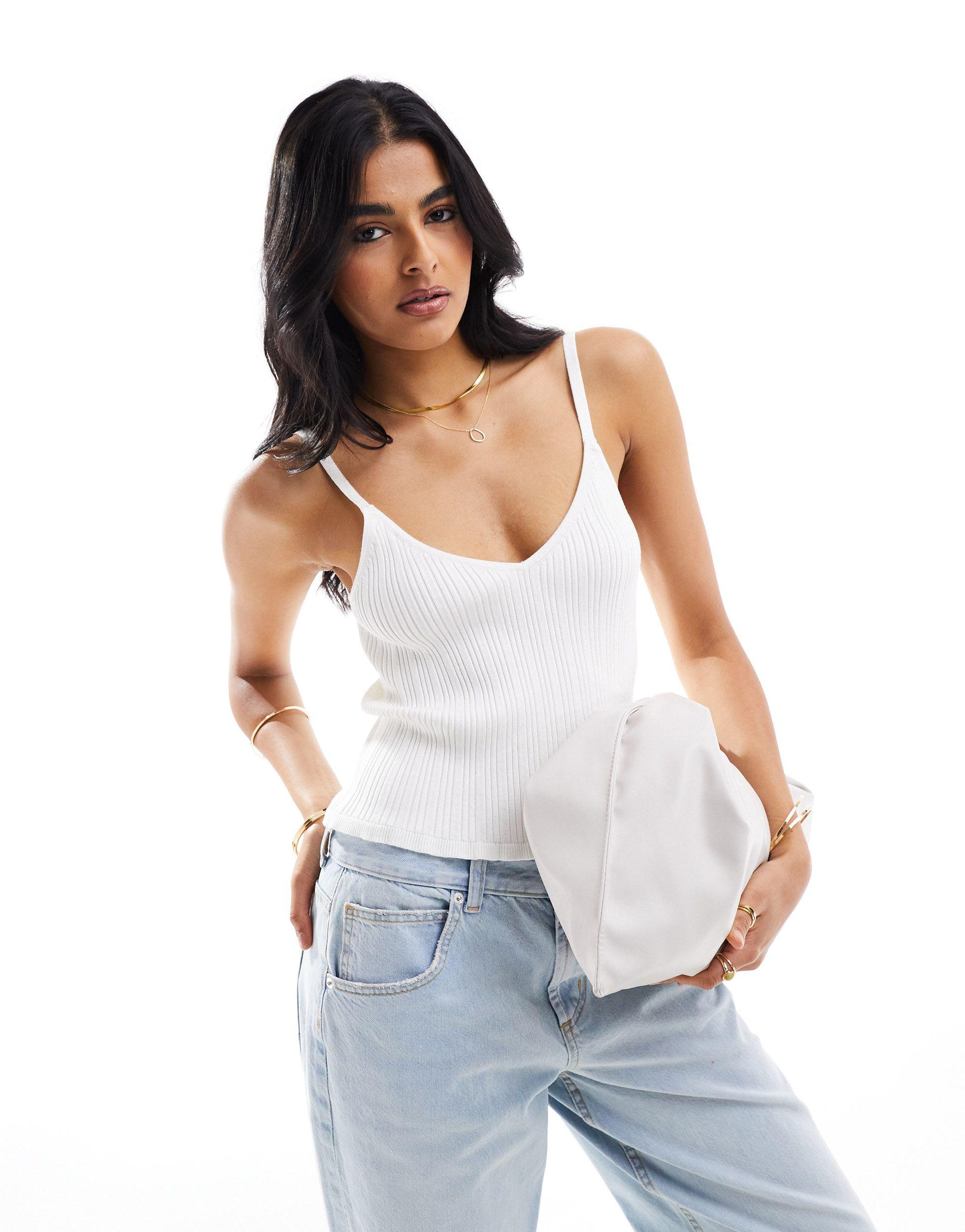 ASOS Knitted Strappy V Neck Cami Top in White | Lyst UK
