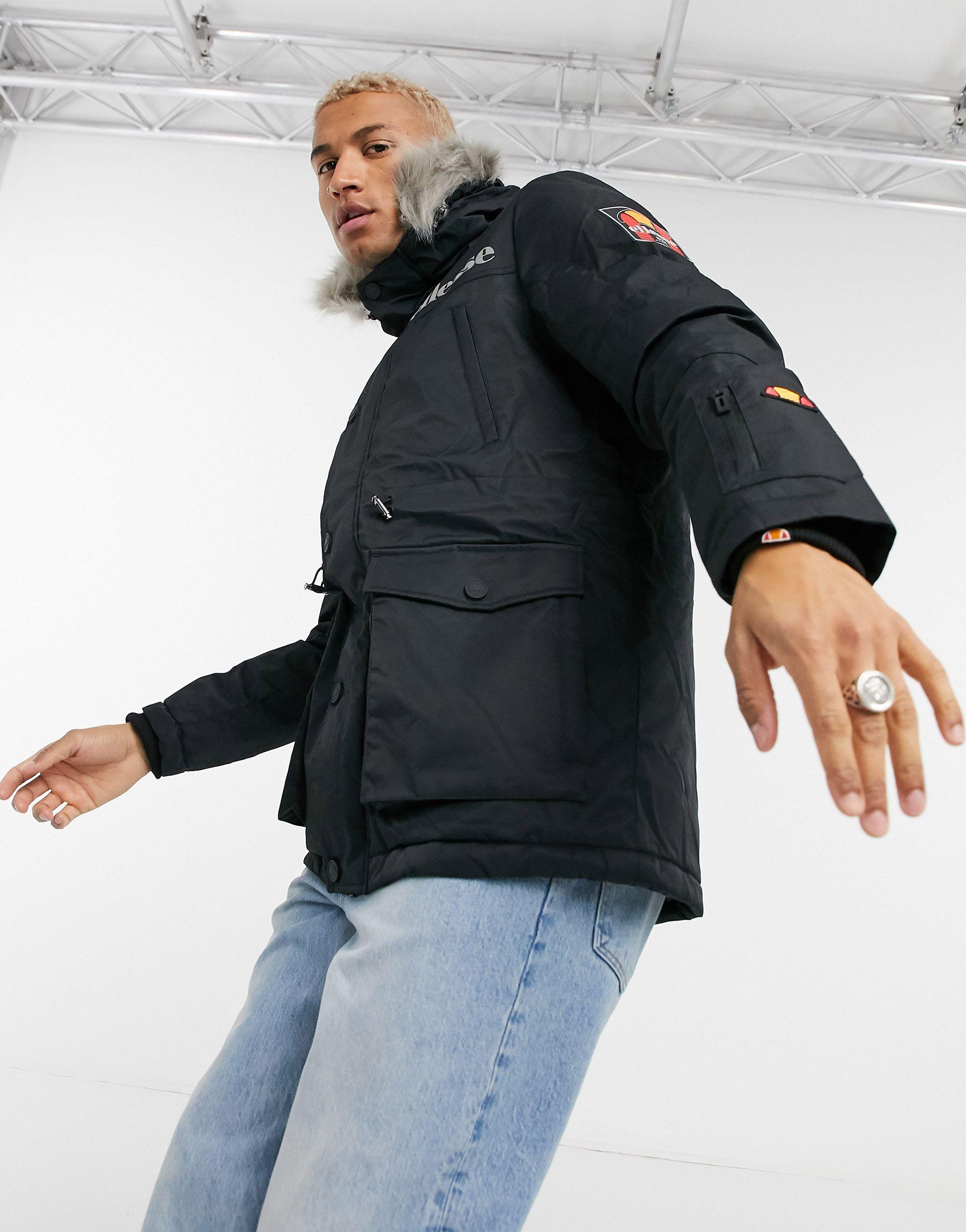 Ellesse Parka Jacket With Faux-fur Hood in Black for Men - Lyst