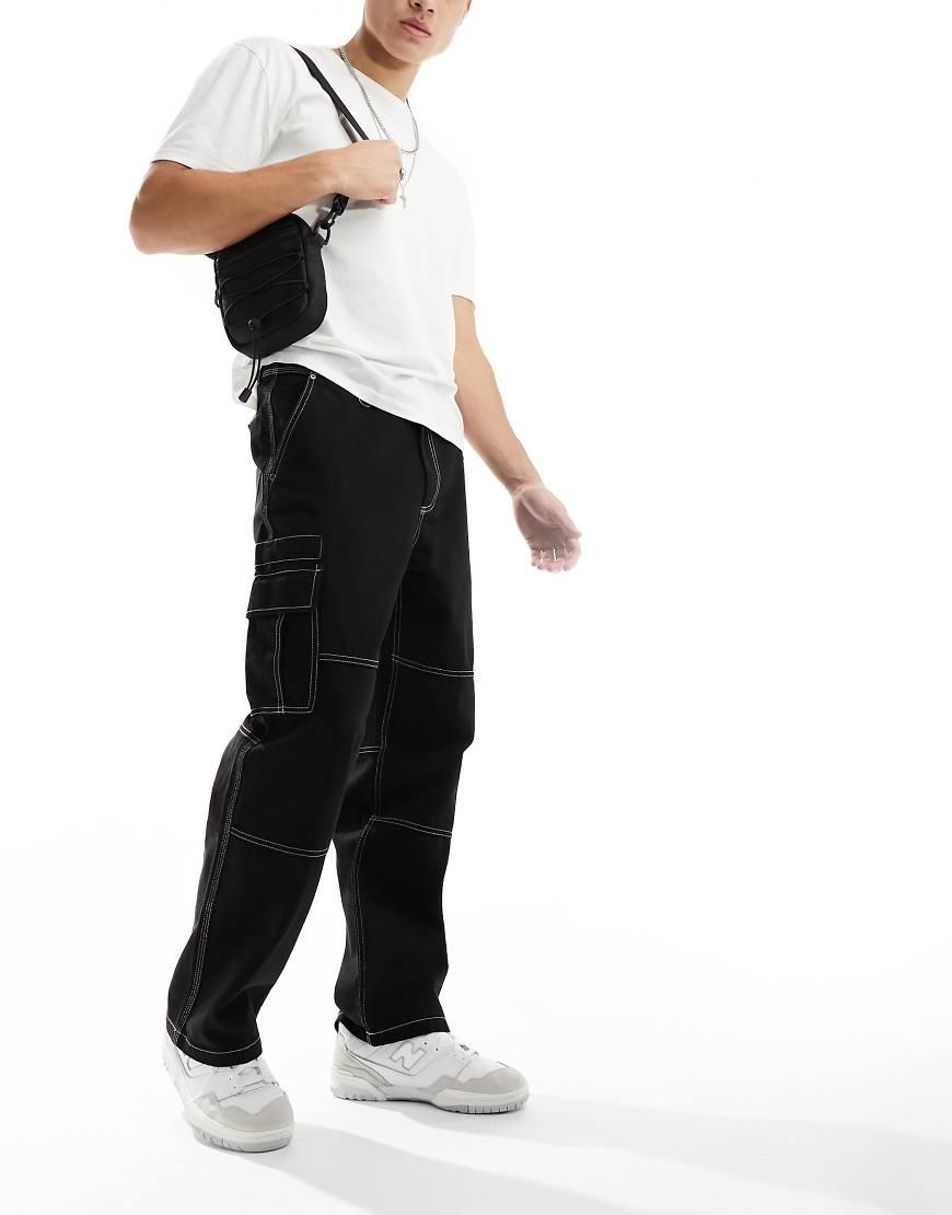 Bershka Wide Leg Contrast Stitch Cargo in Black for Men Lyst UK