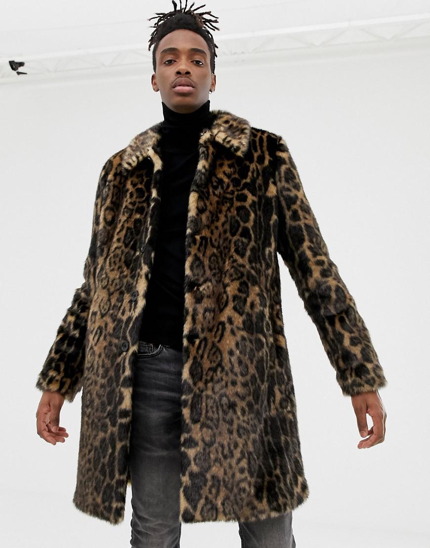 ASOS Longline Faux Fur Jacket In Leopard Print in Brown for Men | Lyst