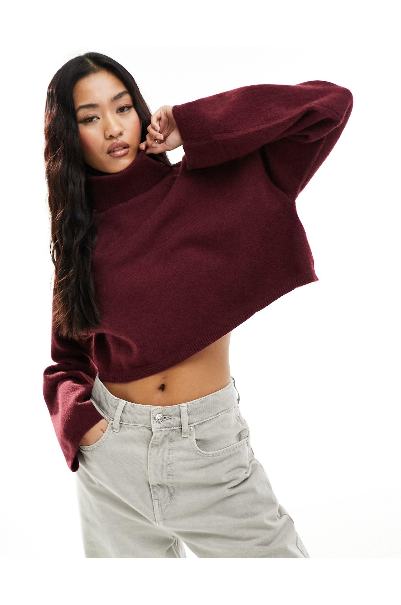 Pull court col roul bordeaux Bershka en coloris Rouge Lyst