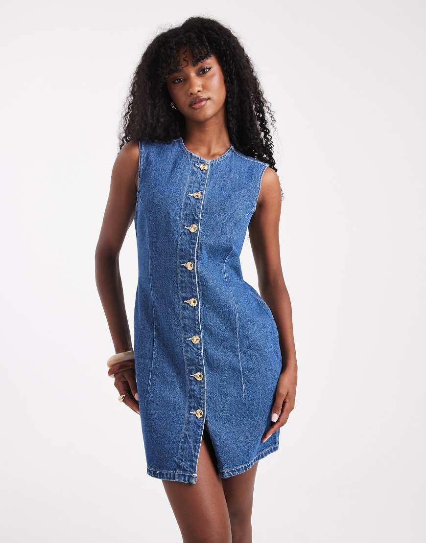 New Look Cinched Waist Denim Mini Dress in Blue