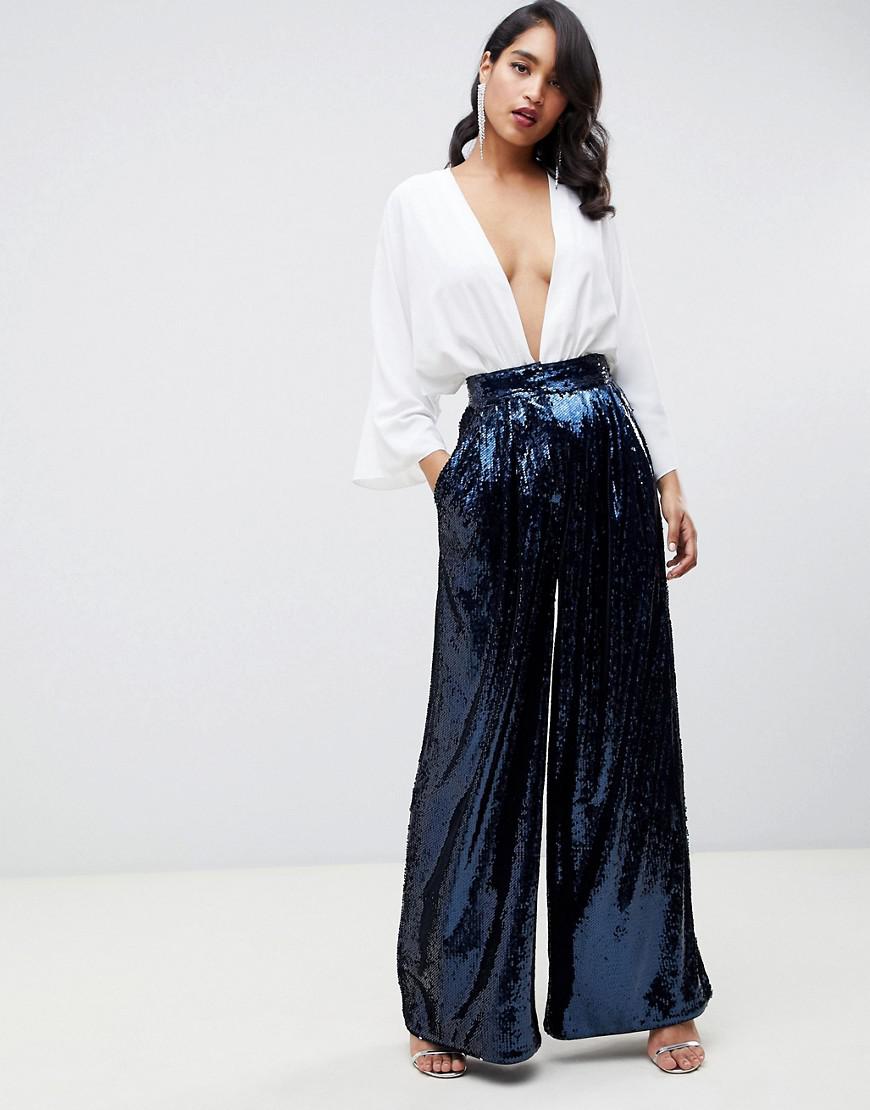 ASOS High Waisted Sequin Wide Leg Pants in Blue | Lyst
