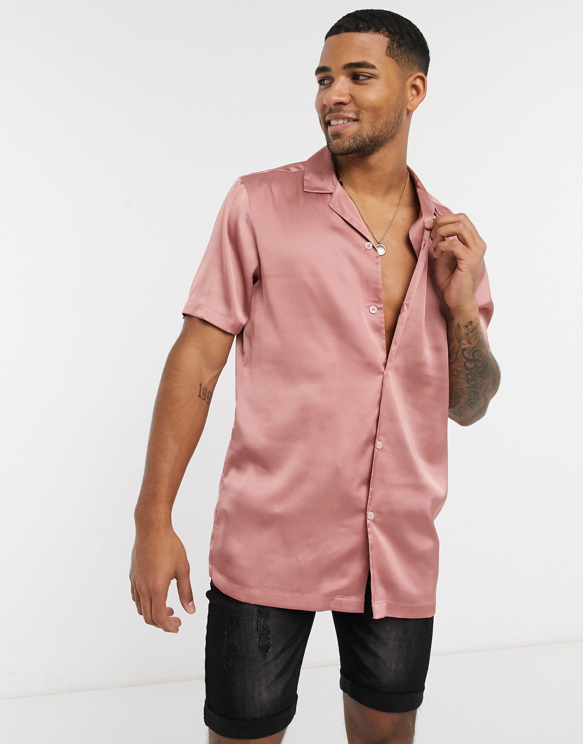 ASOS Regular-fit Satijnen Overhemd Zonder Kraag Met Korte Mouwen in het  Roze voor heren | Lyst NL