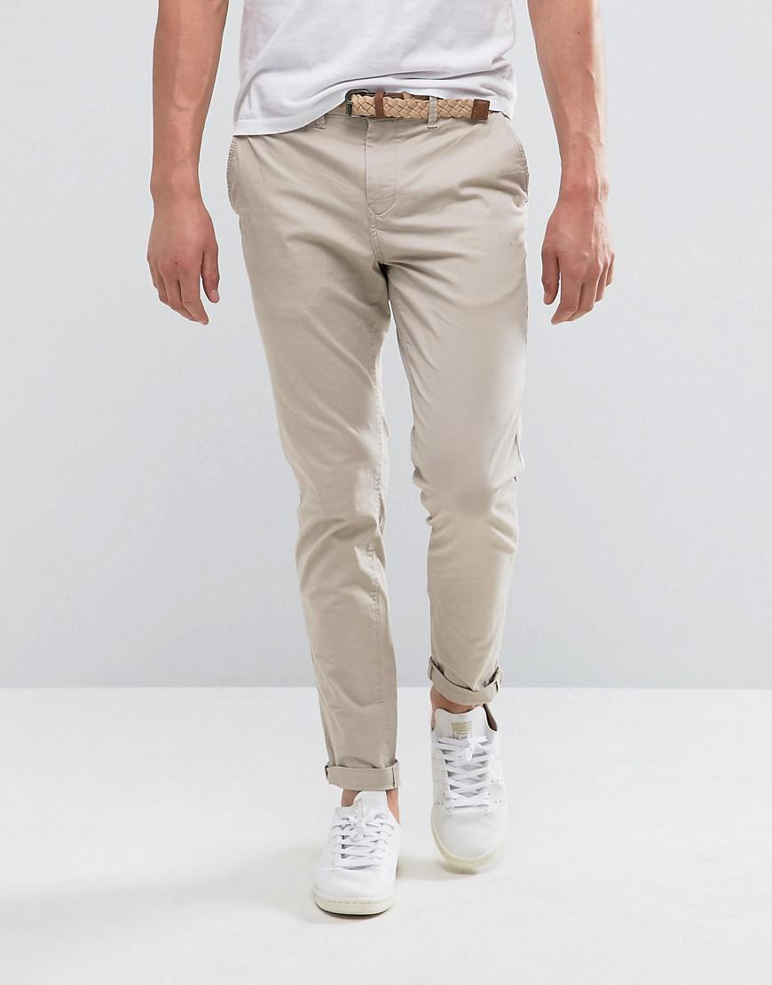 Pull&Bear Slim Chinos With Belt In Stone in Natural for Men | Lyst