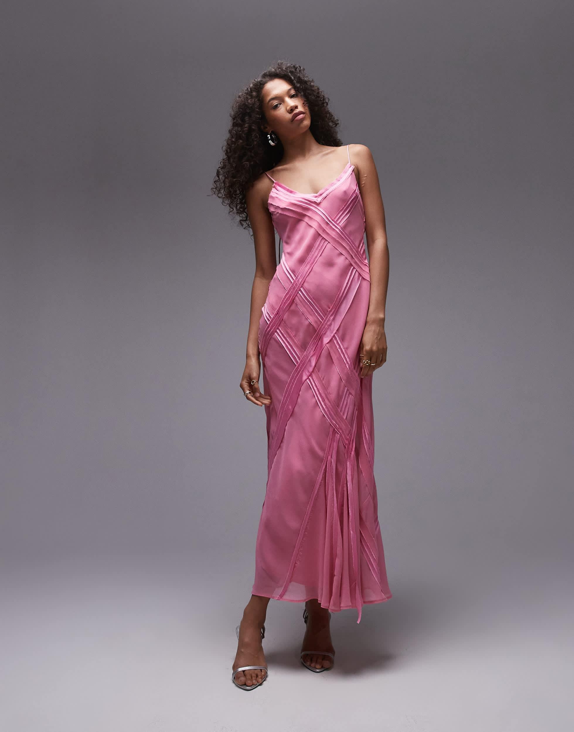 TOPSHOP Premium Raw Seam Detail Midi Slip Dress in Pink | Lyst