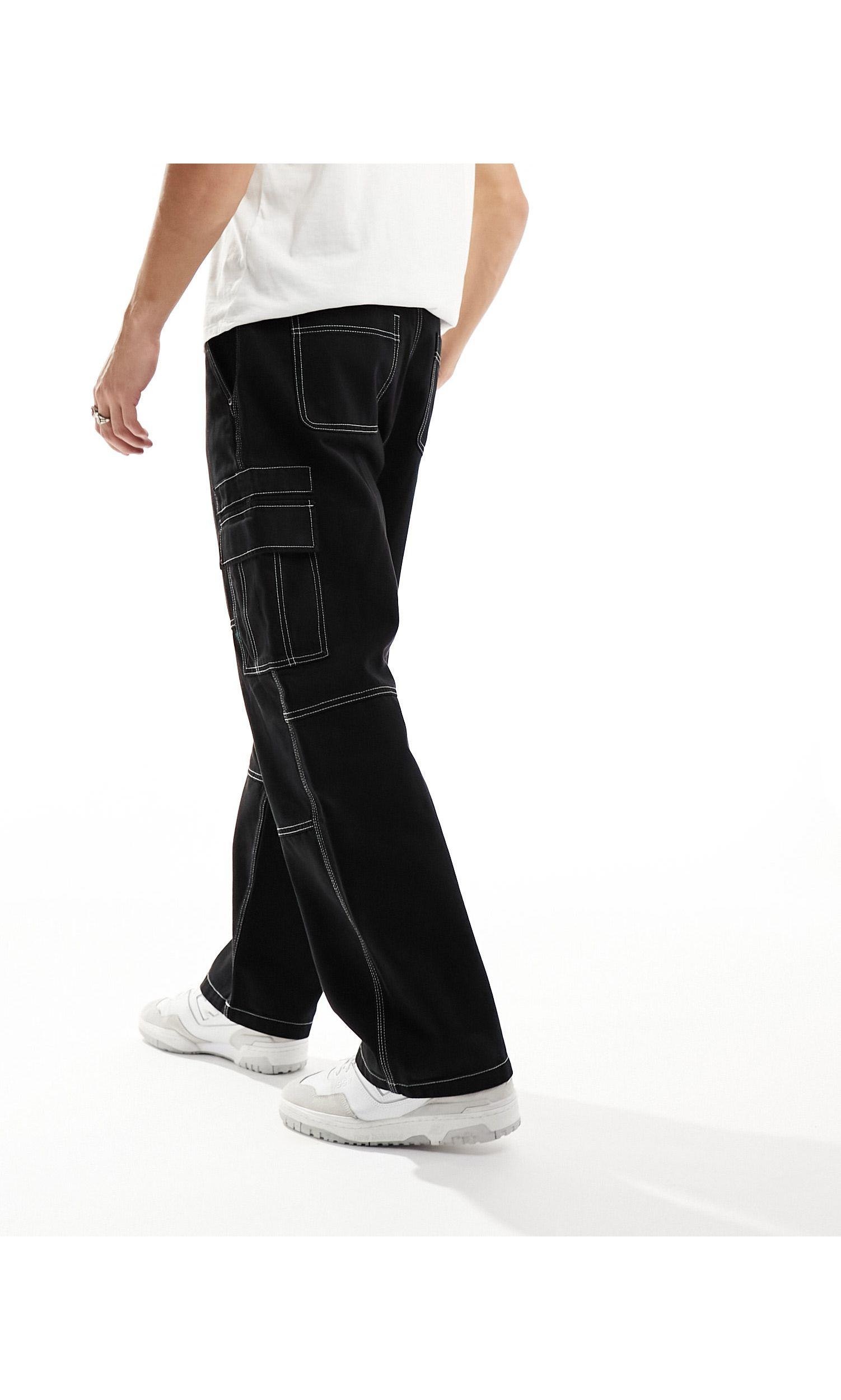 Bershka Wide Leg Contrast Stitch Cargo in Black for Men Lyst