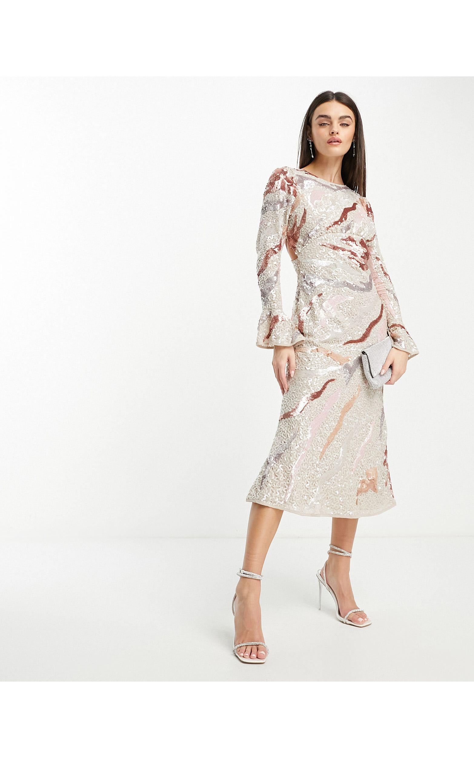 ASOS Embellished All Over Sequin Midi Dress With Flared Sleeve in White |  Lyst