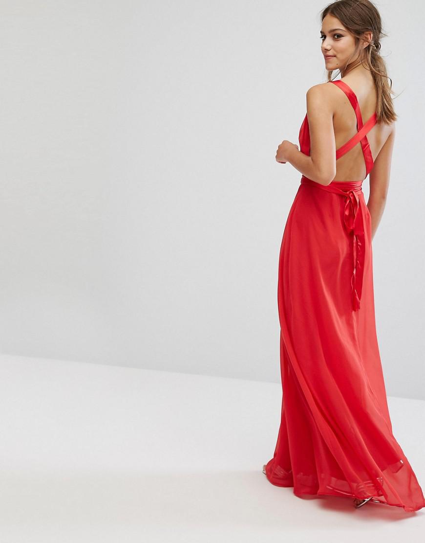ASOS Exclusive Satin Tie Back Maxi Dress in Red | Lyst